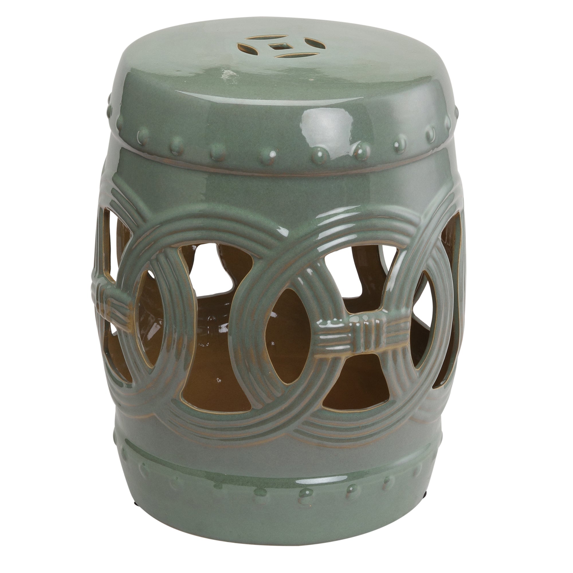 14" x 17" Ceramic Garden Stool with Double-Coin Knotted Ring Design, Glazed Decorative Outdoor Stool, Green