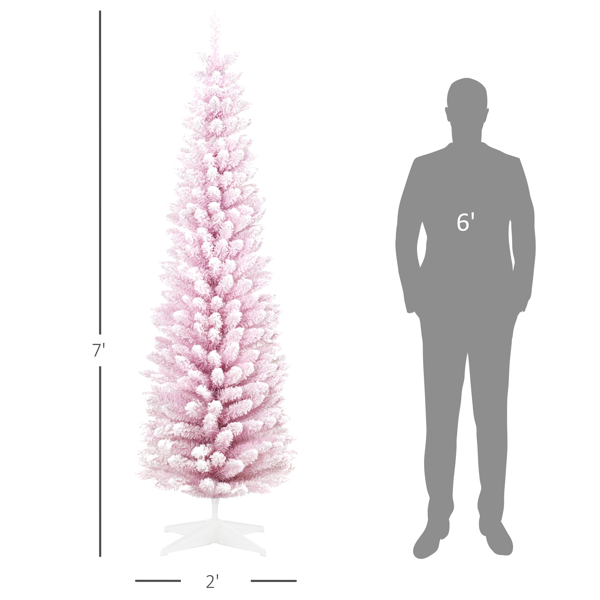 7' Decorated Christmas Tree Snow Flocked Artificial Christmas Tree with Pencil Shape, Realistic Branches, Pink