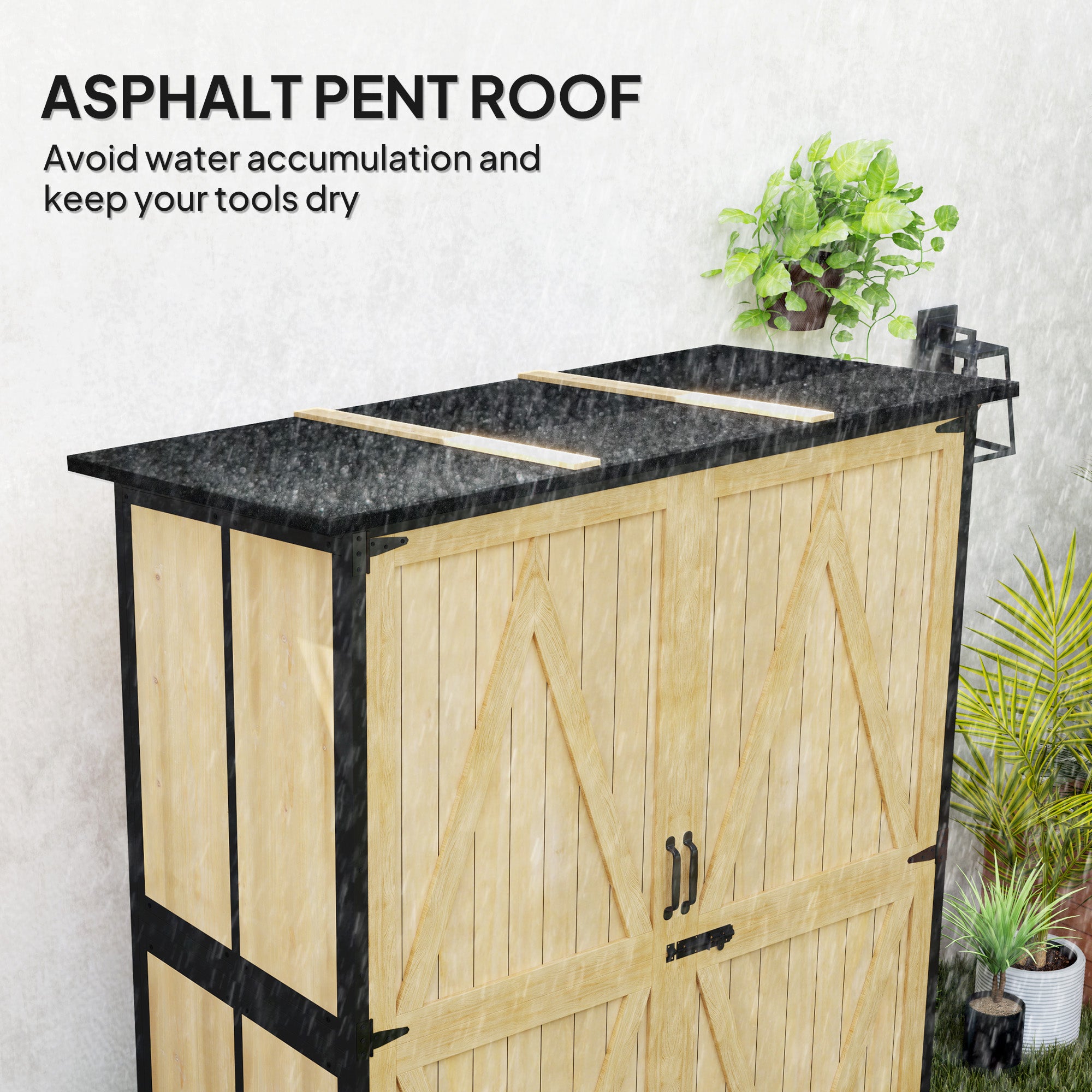 Wood Storage Shed, Outdoor Garden Shed with Asphalt Roof, 2 Shelves, Lockable Doors and Adjustable Feet, Natural