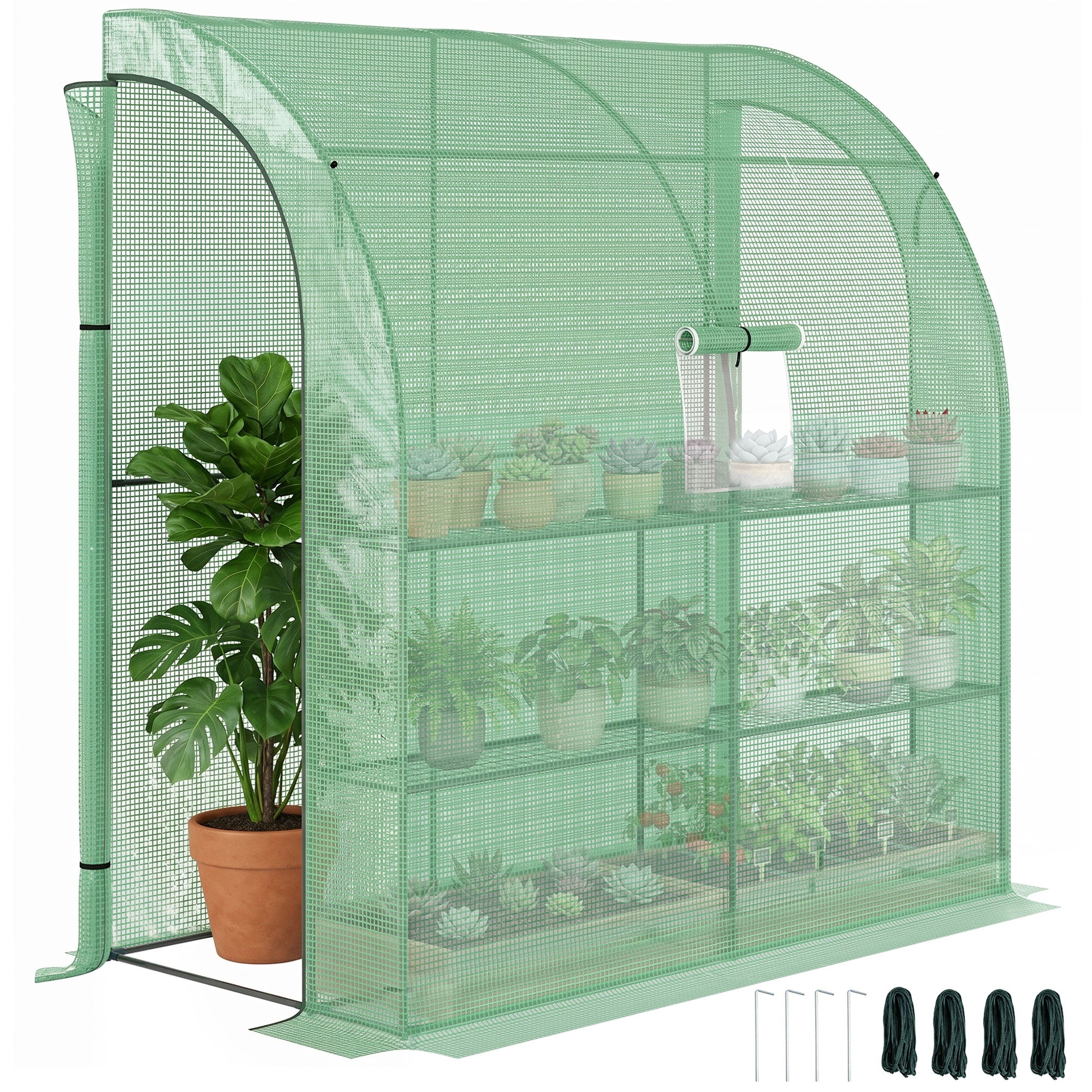 7' x 3' x 7' Lean to Greenhouse, Walk-In Green House, Plant Nursery with 2 Roll-up Doors and Windows, PE Cover and 3 Wire Shelves, Green