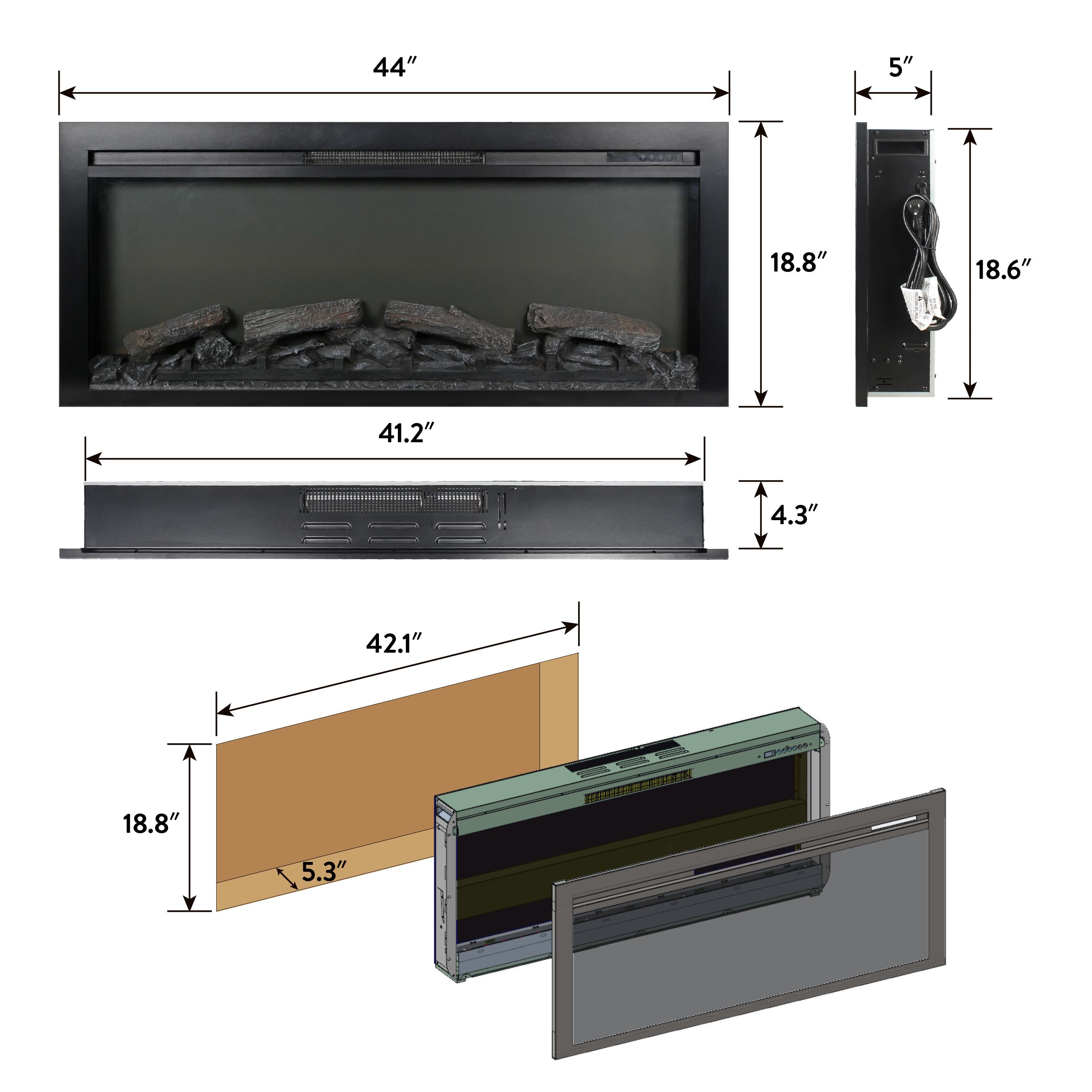 44" CSA/UL Certified Remote Wall/Recessed Electric Fireplace with Imitation Flame, and LED Light Heater, 1400W Heat, 5000 BTU, Antique Black