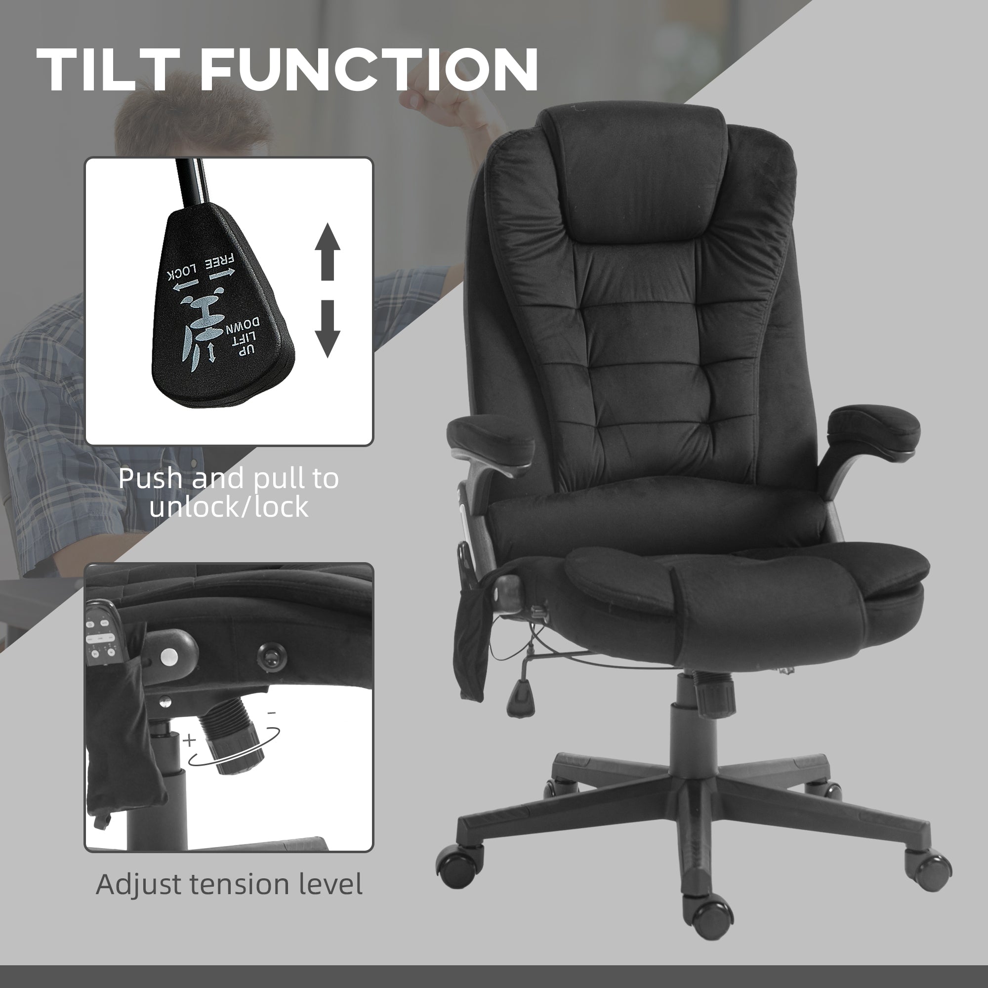 6 Point Executive Office Chair with Heat, Velvet High Back Vibrating Massage Office Chair, Black