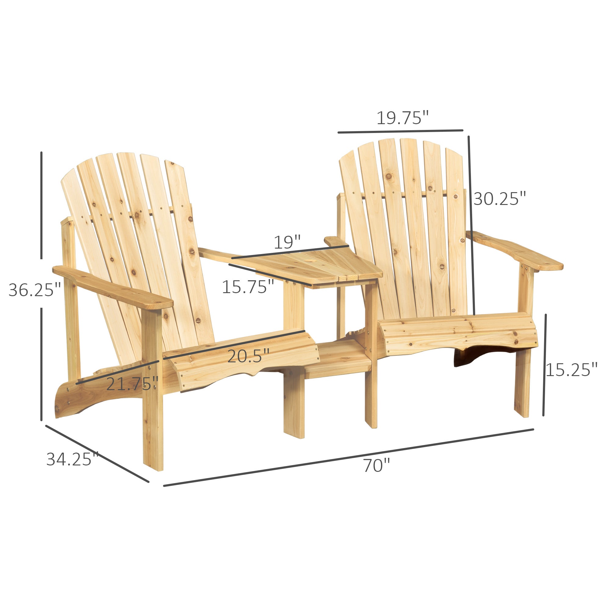 Fire Pit Seating, 2 Wooden Adirondack Chairs with Outdoor Table & Umbrella Hole, Wood 2 Person Adirondack Bench, Natural