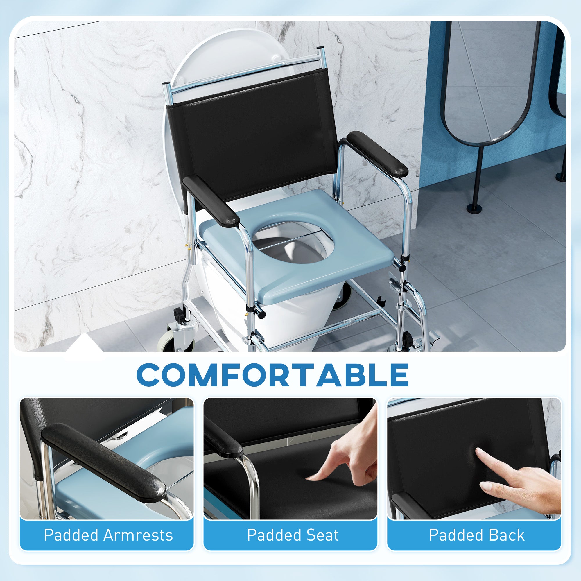 Rolling Shower Chair, Bedside Commode Wheelchair with Padded Seat, Backrest, for Seniors, Disabled, 300 lbs, Black