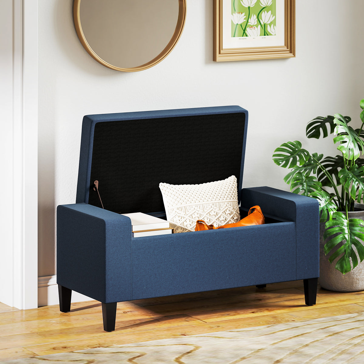 Upholstered Storage Ottoman Bench, Button Tufted Ottoman with Hidden Storage, Lift Top for Living Room, Dark Blue