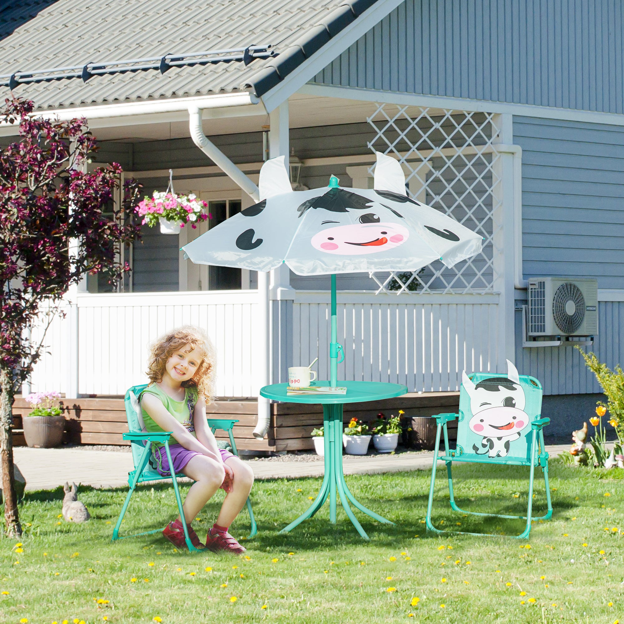 Kids Table and Chair Set, Outdoor Folding Garden Furniture, Picnic Table for Patio Backyard, with Removable & Height Adjustable Sun Umbrella, White