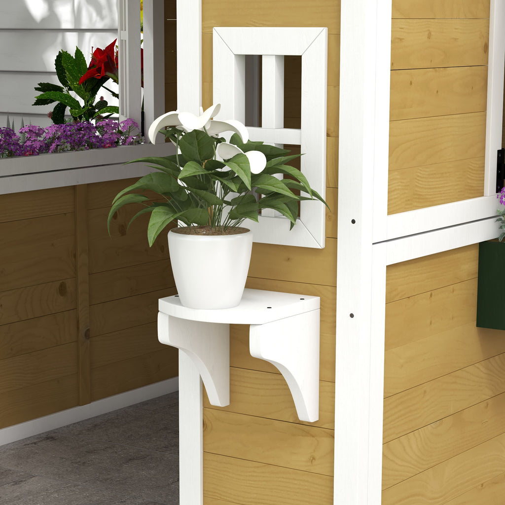 Wooden Playhouse for Kids Outdoor with Doors, Windows, Planter Pots and Boxes for Toddlers 3-8 Years, Beige