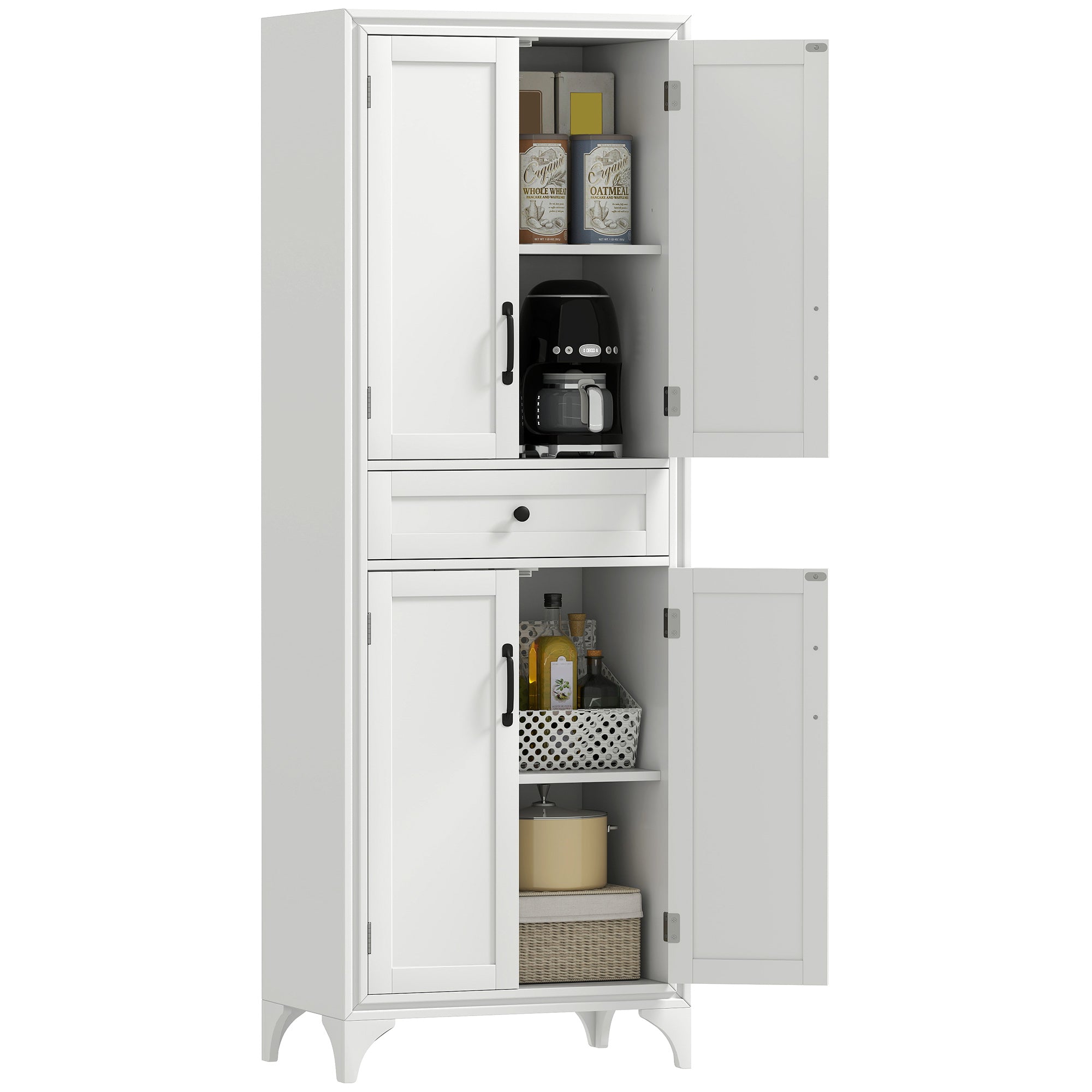 67" 4-Door Kitchen Pantry with Drawer and Adjustable Shelves, White