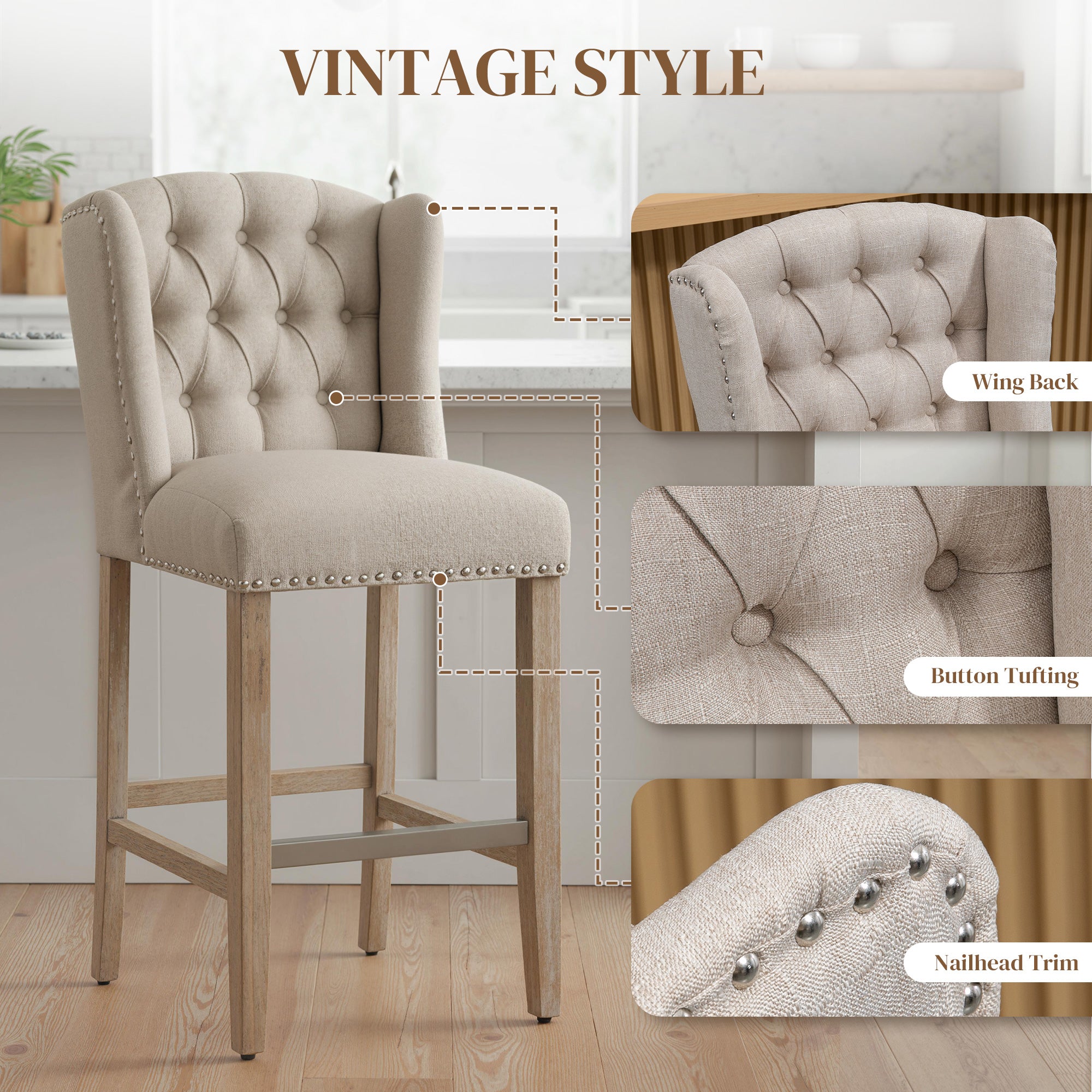 Counter Height Bar Stools Set of 2, 27" Seat Height Upholstered Barstools, Farmhouse Kitchen Island Stools with Nailhead-Trim, Tufted Back and Wooden Legs, Beige