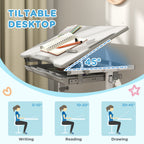 Height Adjustable Kids Desk and Chairs Set with Tilt Desktop, Storage Drawer, Pen Slot, Hook, Gray