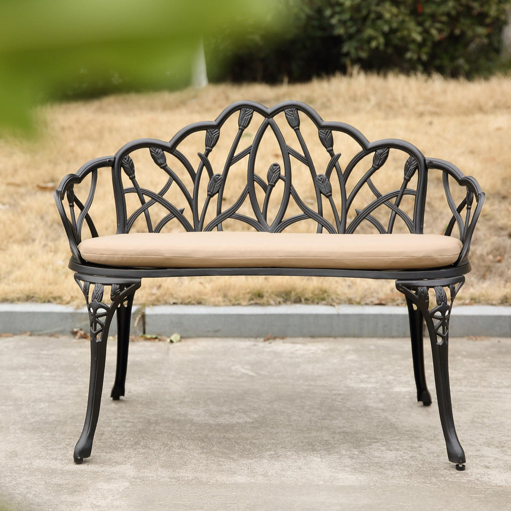 Patio Garden Bench with Floral Tulip Design, Ergonomic Backrest, Elegant Outdoor Park Bench for Lawn, Yard, 39" L x 21.5" W x 31" H, Black