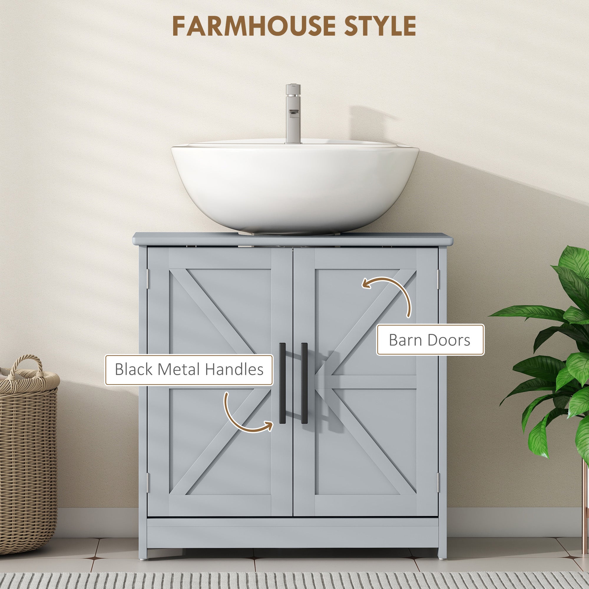 Farmhouse Pedestal Sink Storage Cabinet, Bathroom Sink Cabinet with 2 Barn Doors and Adjustable Shelf, Dark Gray