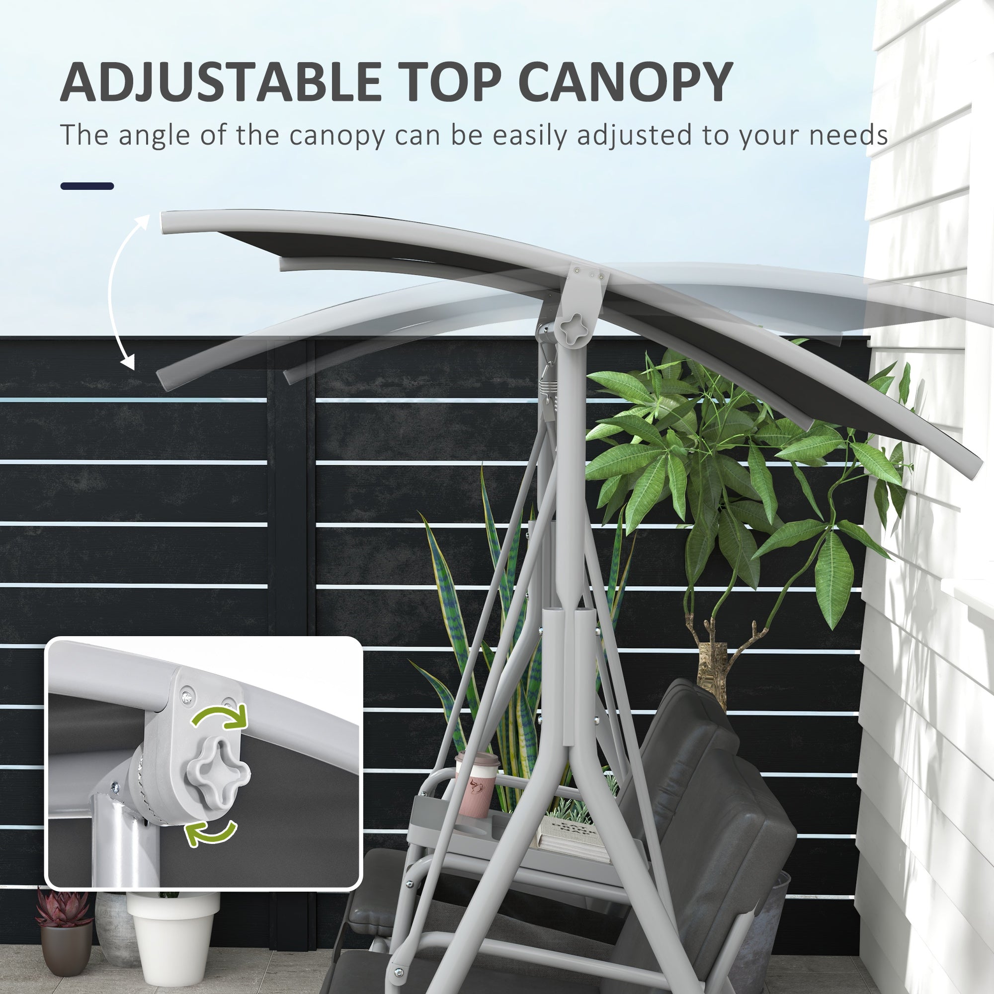 2-Seater Outdoor Porch Swing with Canopy and Table, Patio Swing Chair for Garden, Poolside, Backyard, Gray