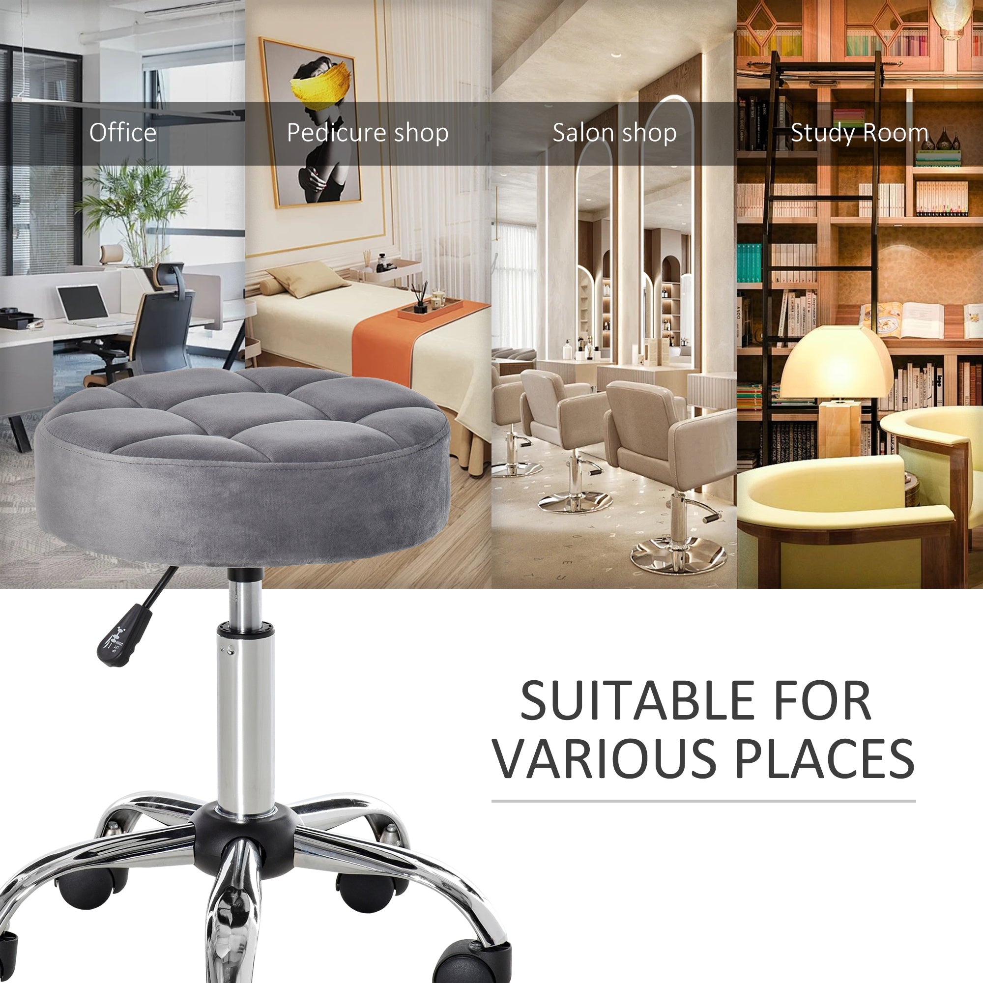 Round Rolling Stool, Height Adjustable Vanity Chair, Upholstery Office Chair with Swivel Seat and Wheels, Grey