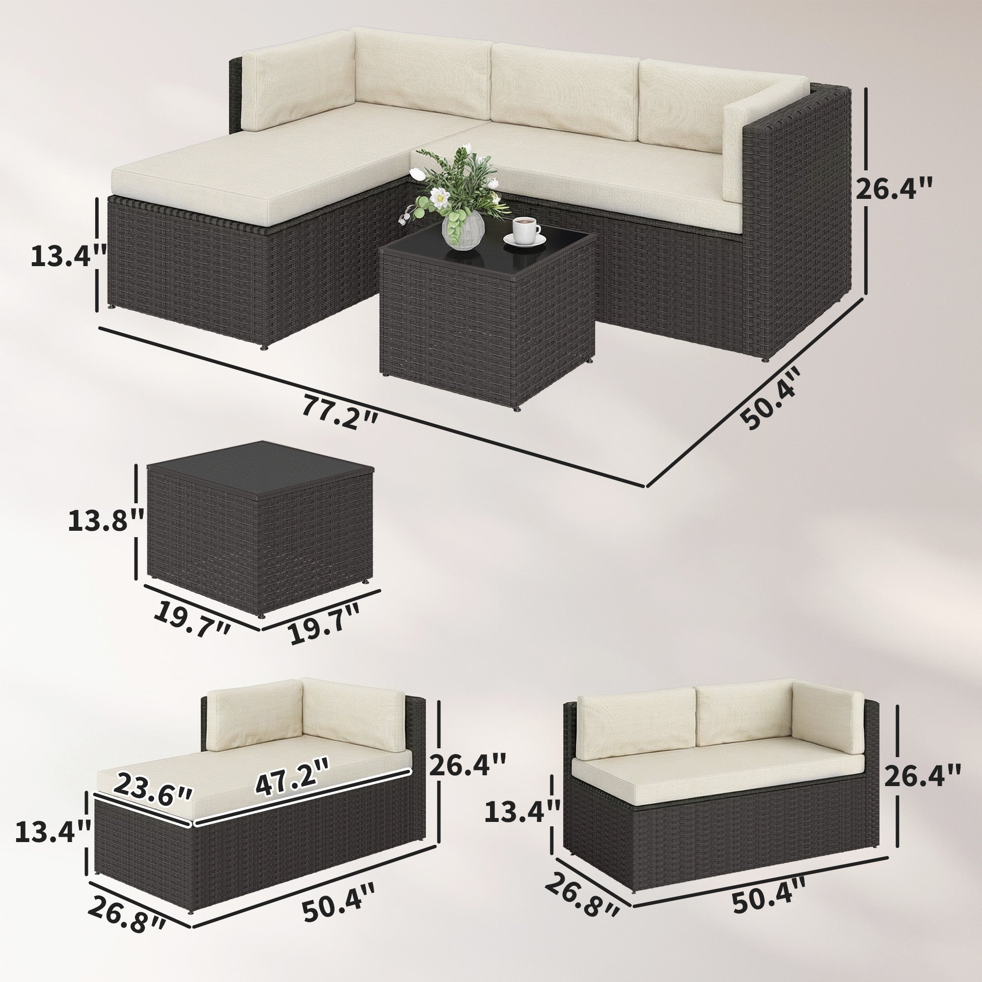 3 Piece Patio Furniture Set, Wicker Outdoor Patio Conversation Furniture Set with Cushions, Glass Top Table, Beige