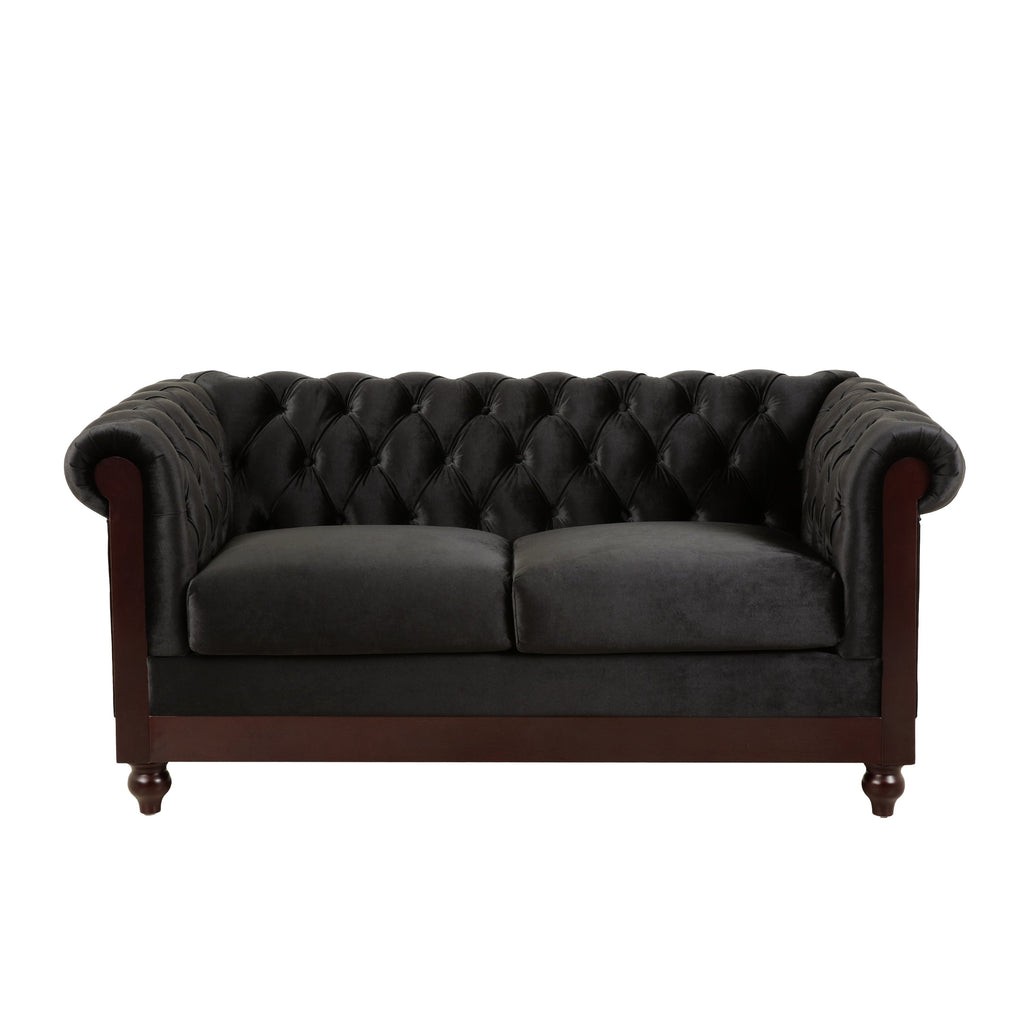 Chesterfield Velvet Loveseat Sofa, 2-Person Rolled Arm Upholstered Couch, with Tufted Buttons, Pine Wood Frame, 59.50" Wx34.00" Dx27.00" H, Black