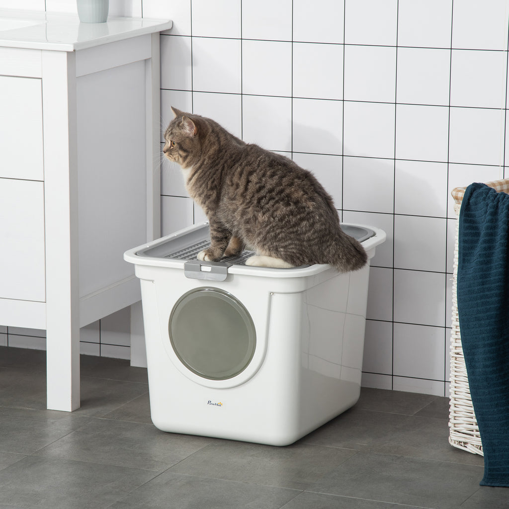 Covered Cat Litter Box, Easy Cleaning Kitty Litter Box with Front Entrance, Top Exit, Scoop, for Odor Control, White