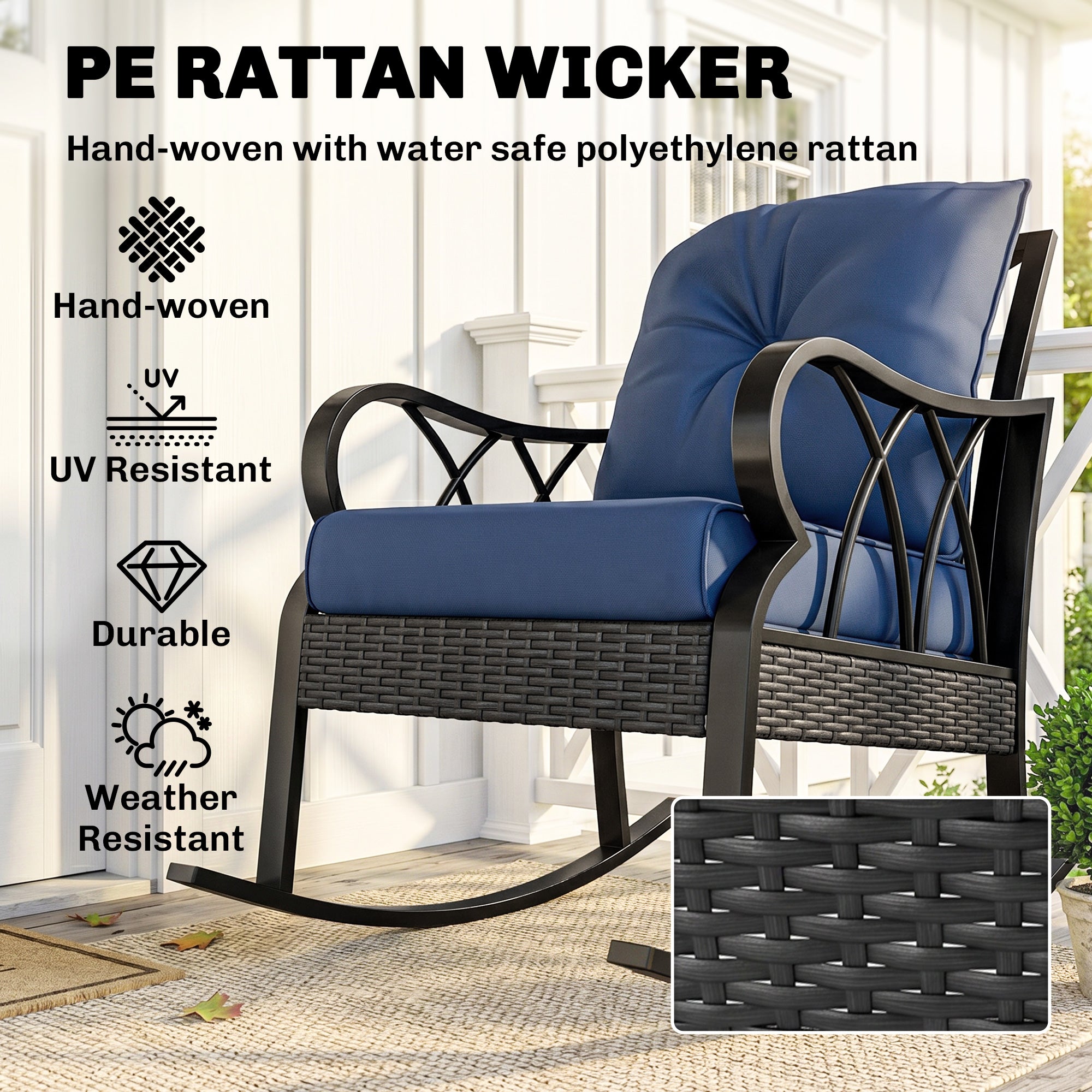 2 Piece Outdoor Wicker Rocking Chairs Rattan Porch Rockers with Cushions, Aluminum Frame for Garden, Patio, Blue