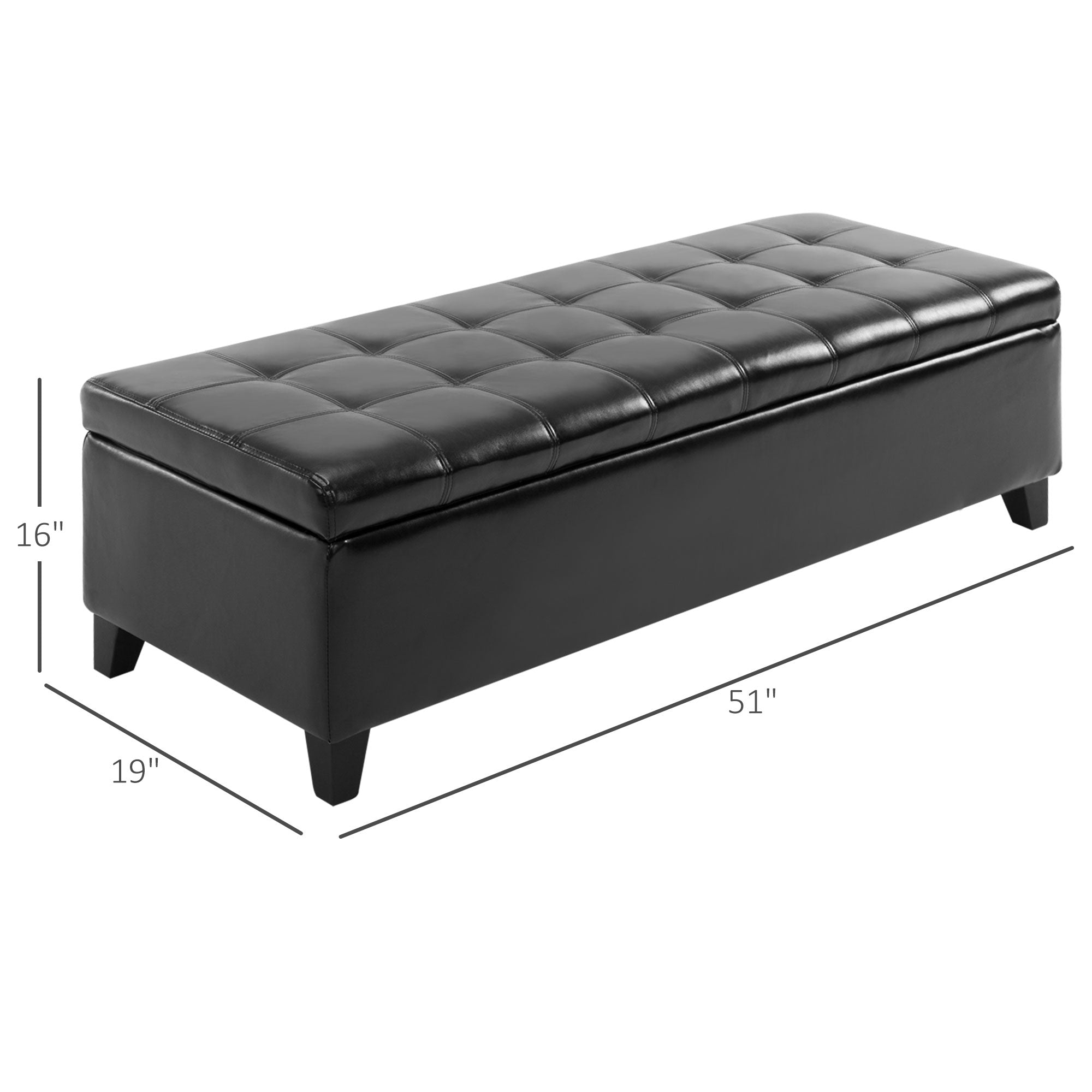 51" Ottoman Storage Bench, Faux Leather Storage Chest with Lift Top, Tufted Ottoman for Living Room, Entryway, Black