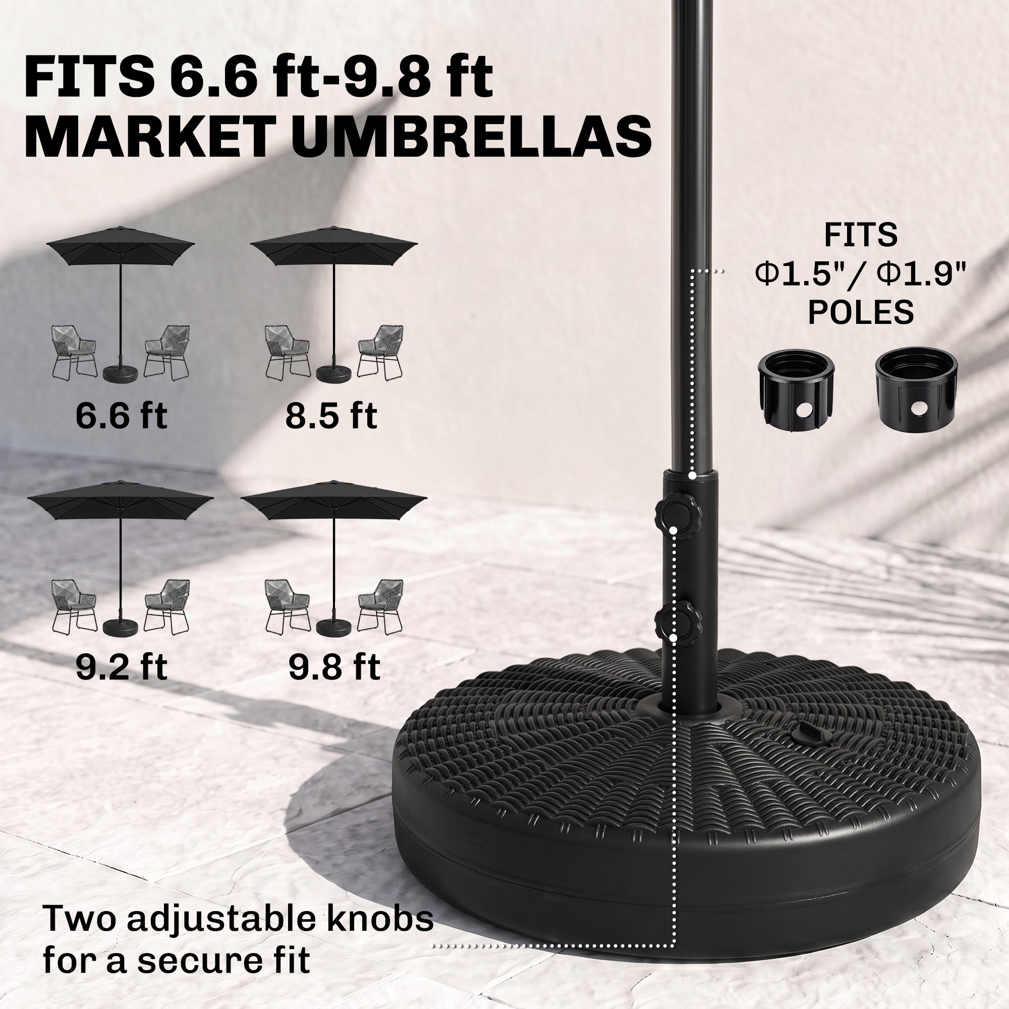 Umbrella Stand for 1.5" or 2" Umbrella Poles, Round Fillable Umbrella Base for Outdoor, Lawn, Deck, Black