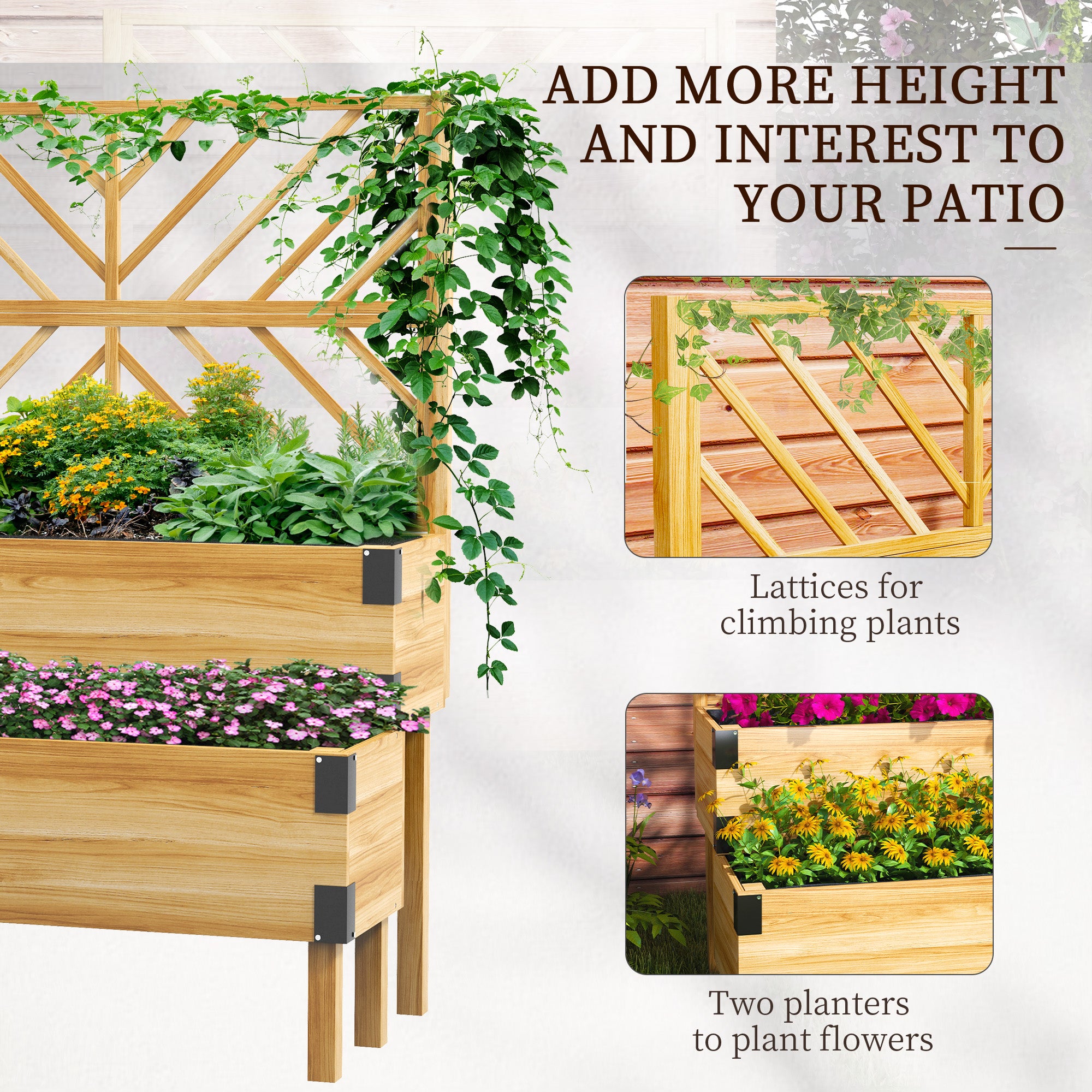 2 Tier Trellis Planter, Wooden Raised Garden Bed, Natural