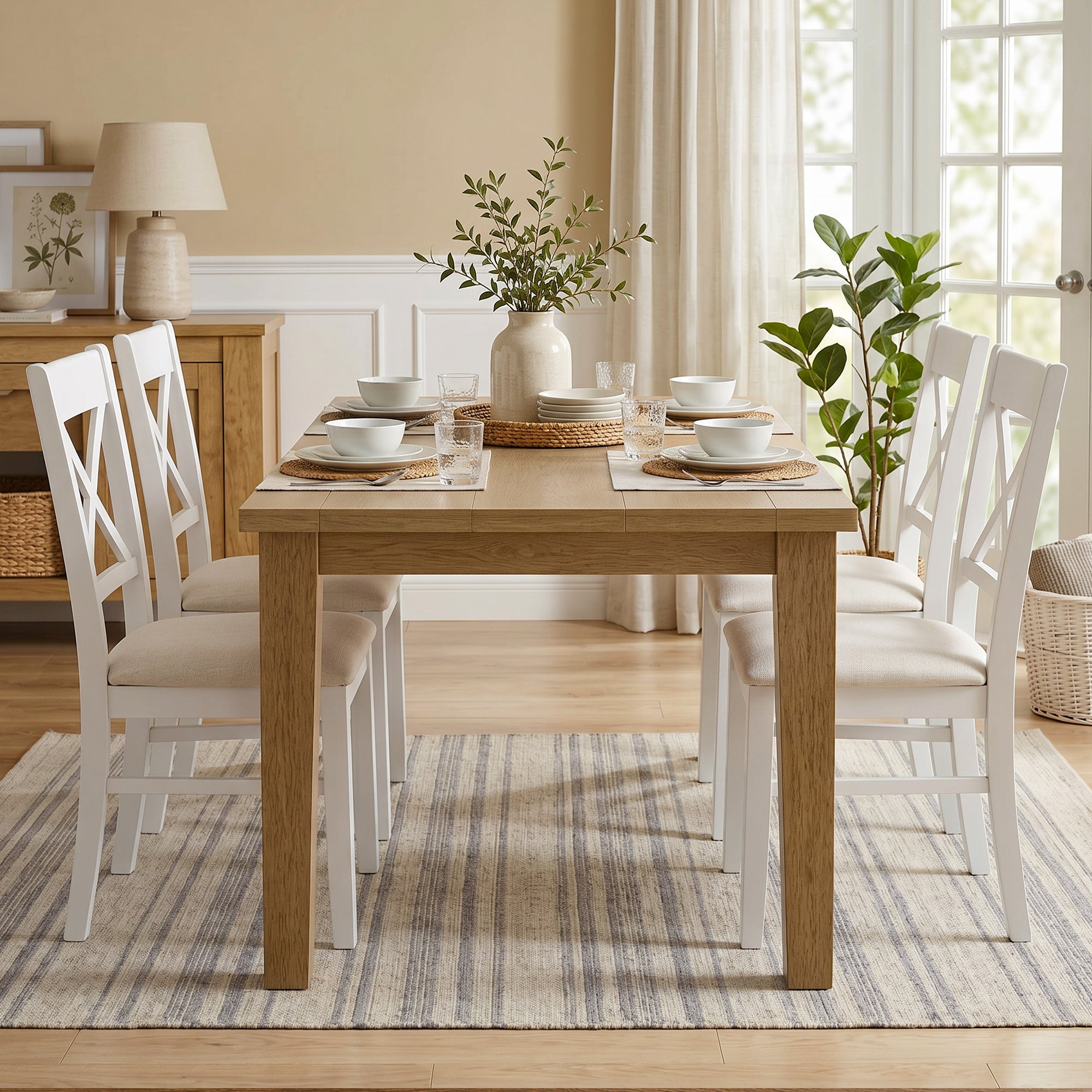Dining Chairs Set of 2, Upholstered Kitchen Chairs with Rubberwood Frame, Padded Seat and X-Back, White