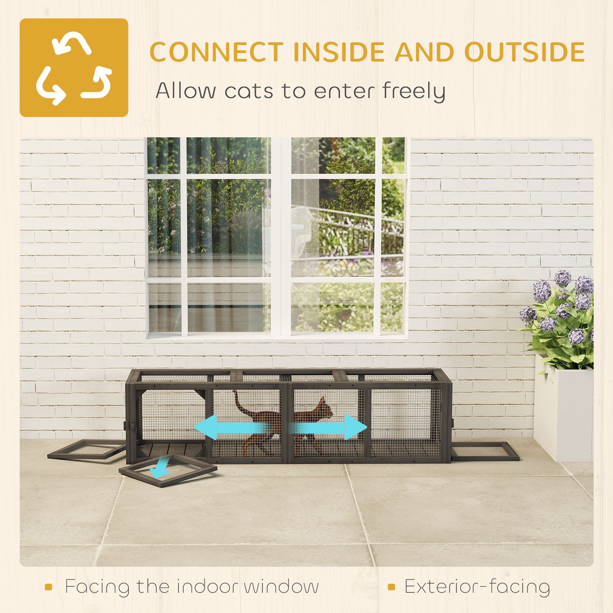 Outdoor Cat Tunnel, 59" Wooden Play Cat Enclosure, Extendable Pet Run with 3 Doors for Kitty, Puppy, Gray