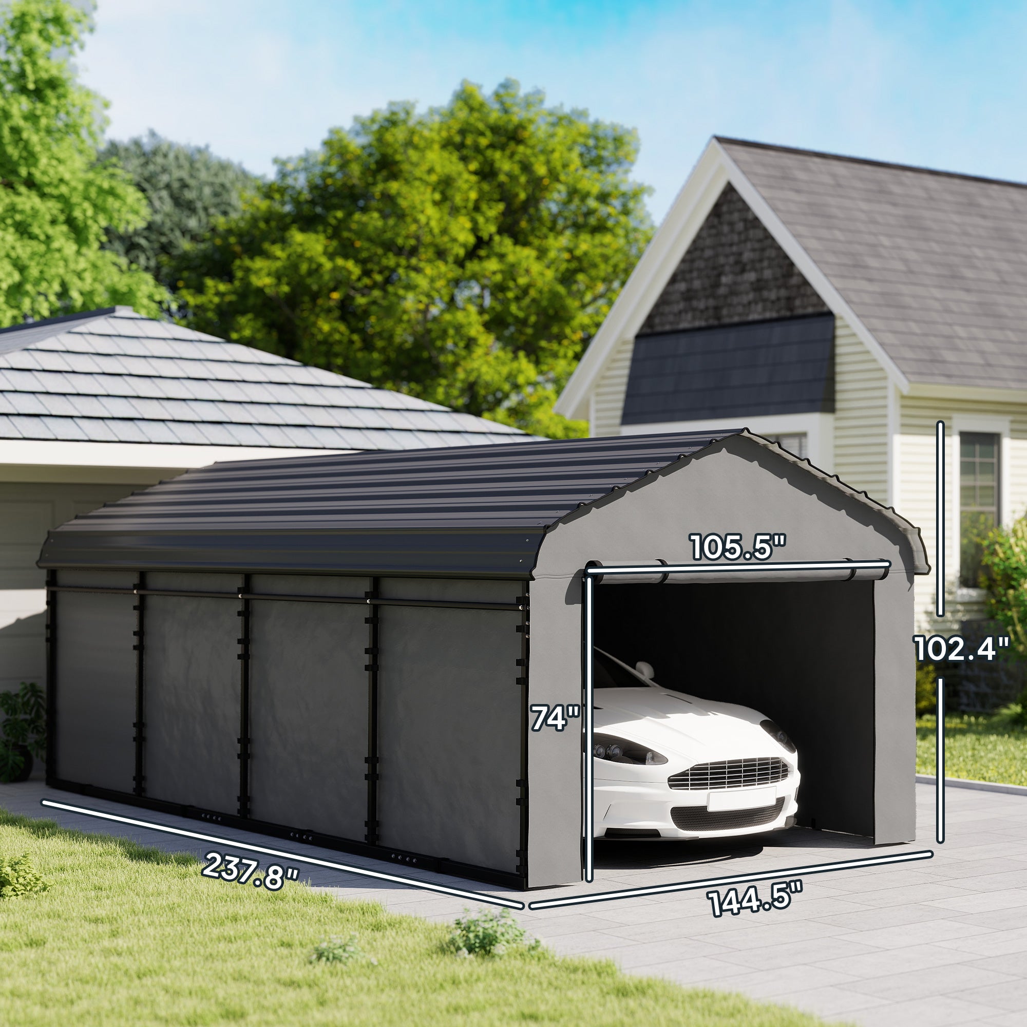 12' x 20' Metal Carport, Heavy Duty Garage Car Canopy with Galvanized Metal Roof and Removable Sidewalls, Dark Gray
