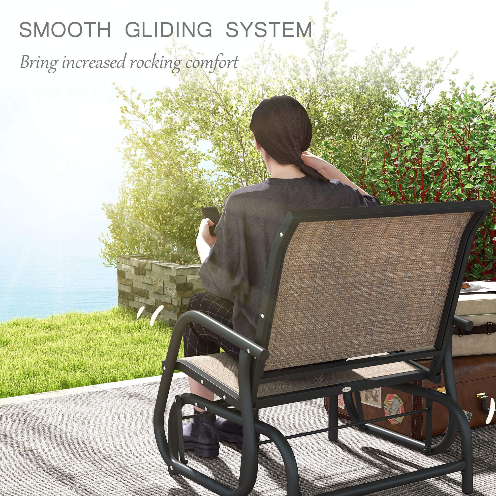 2 Pieces Outdoor Glider Chair, Steel Swing Chai with Curved Armrests for Porch, Garden, Poolside, Balcony, Mixed Brown