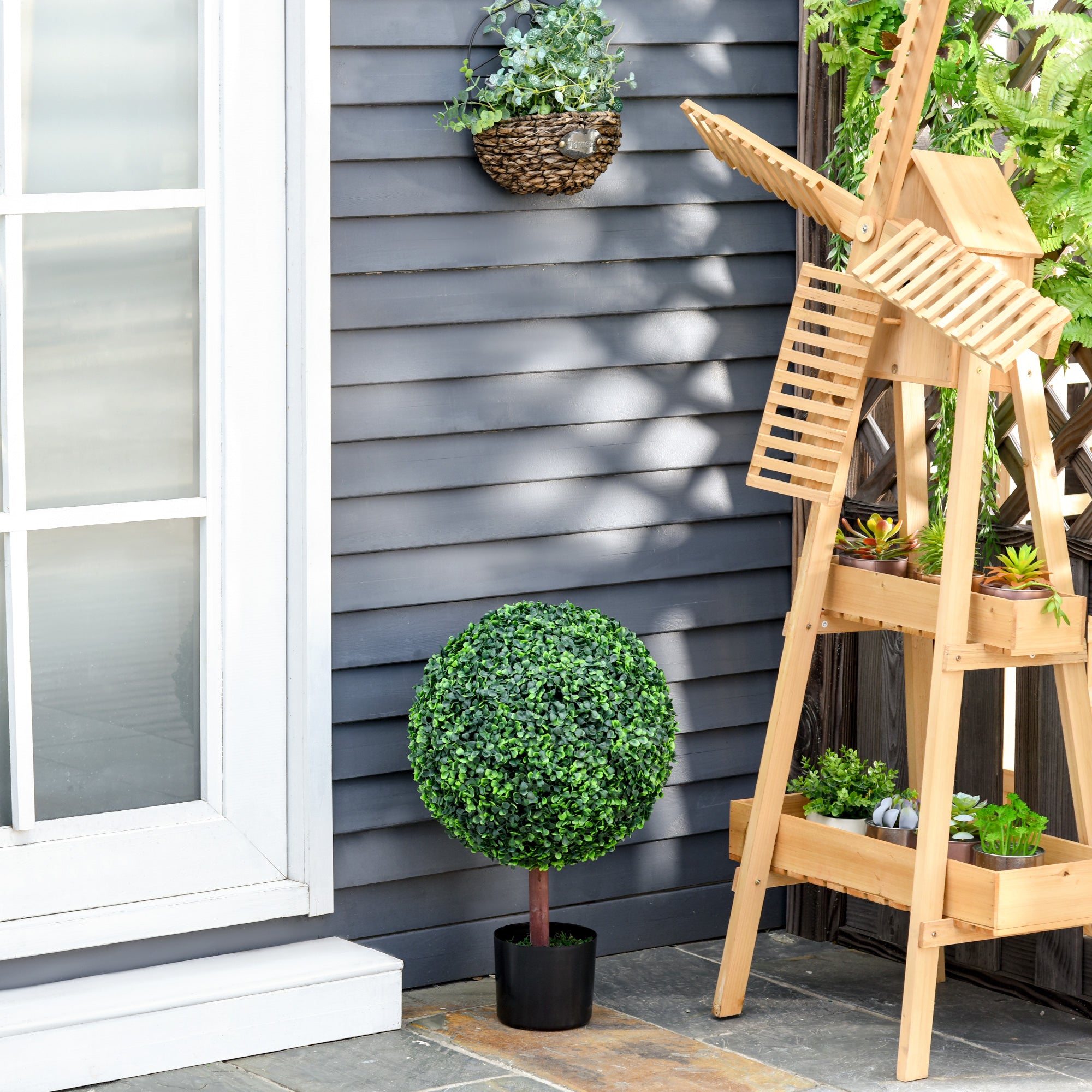 23.5" Artificial Boxwood Topiary Ball Tree, Fake Decorative Plant, Nursery Pot Included for Home, Balcony, Backyard and Garden, Set of 2, Green