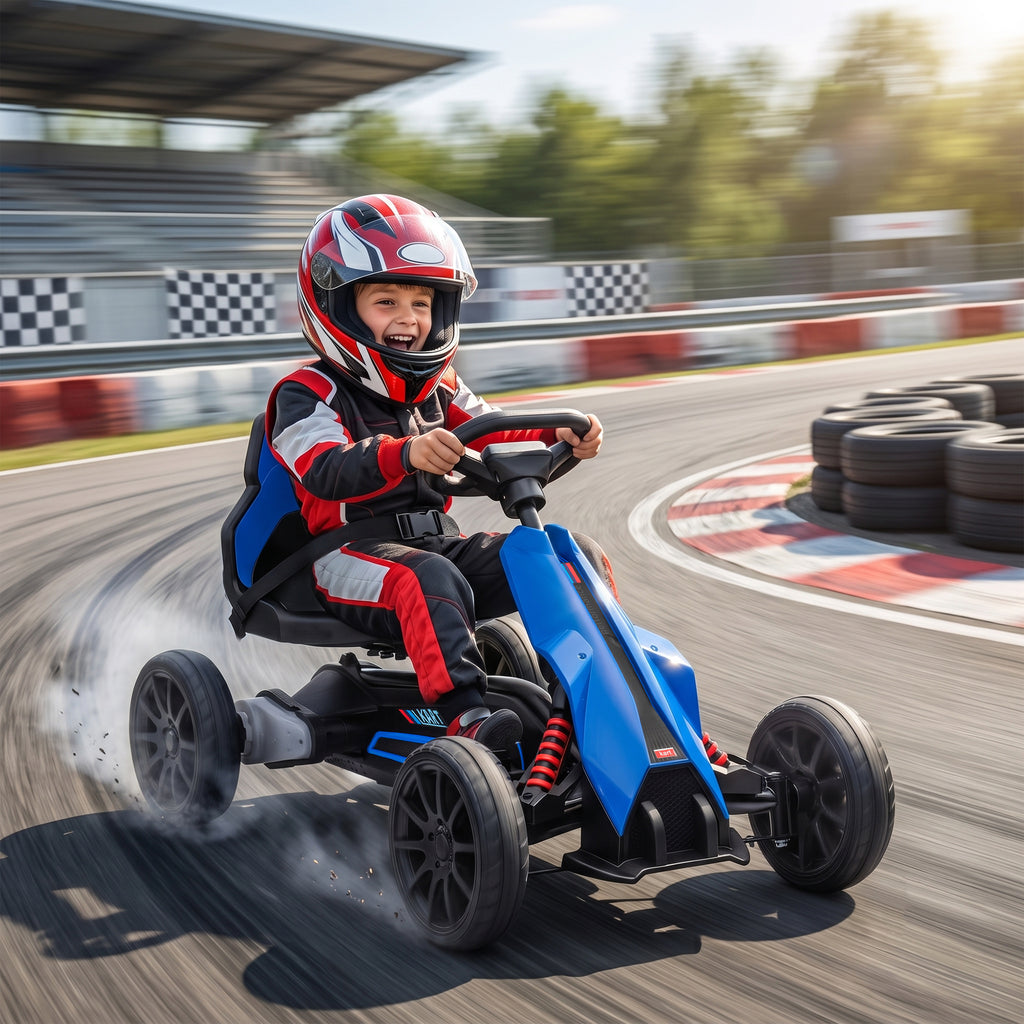 12V Electric Go Kart for Kids, Ride On Toy with EVA Tires, 2 Speeds, Adjustable Seat, Safety Belt for 3-8 Years, Blue