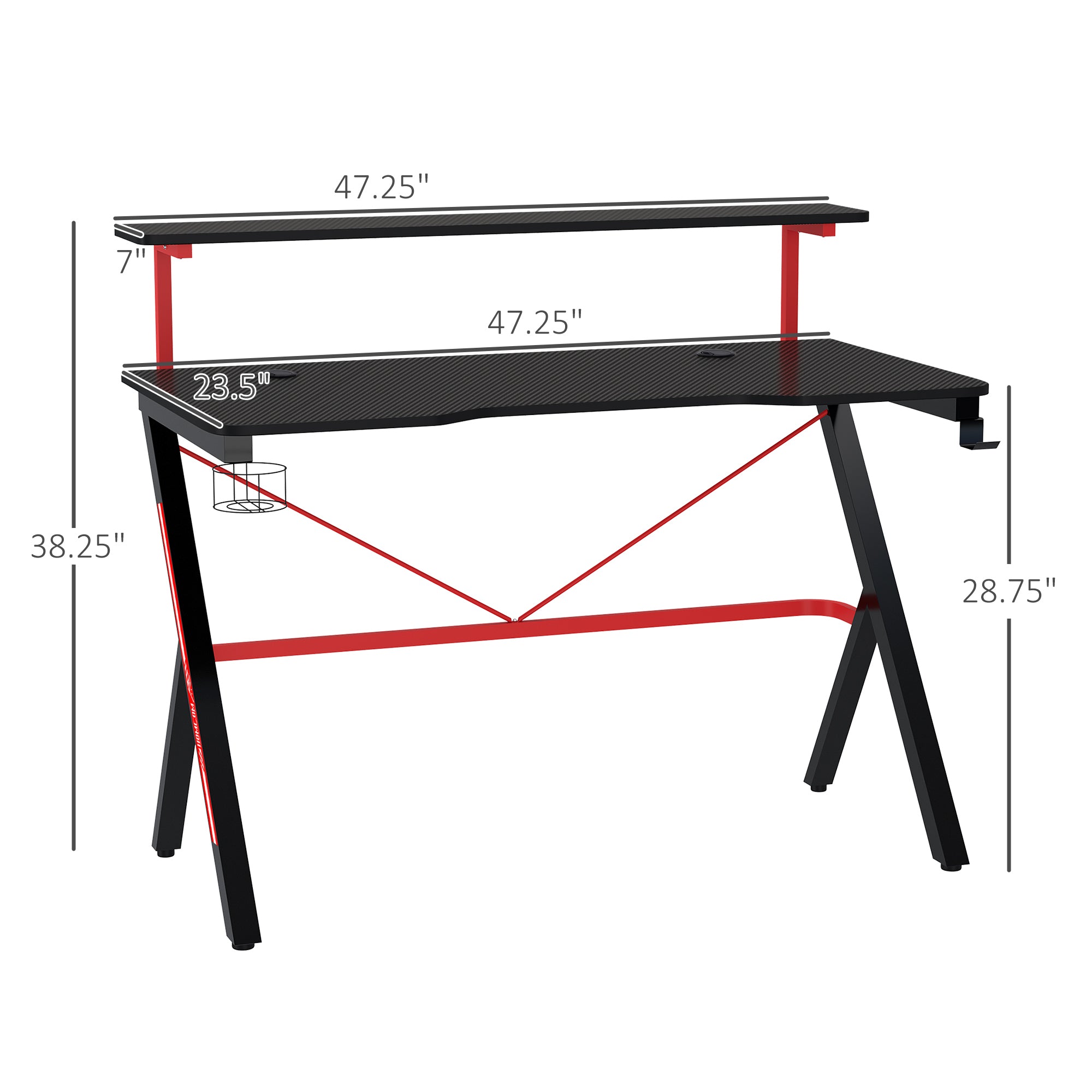 47 Inch Gaming Desk Racing Computer Desk Home Office Workstation with Elevated Monitor Shelf Rotatable Cup Holder Headphone Hook, Black