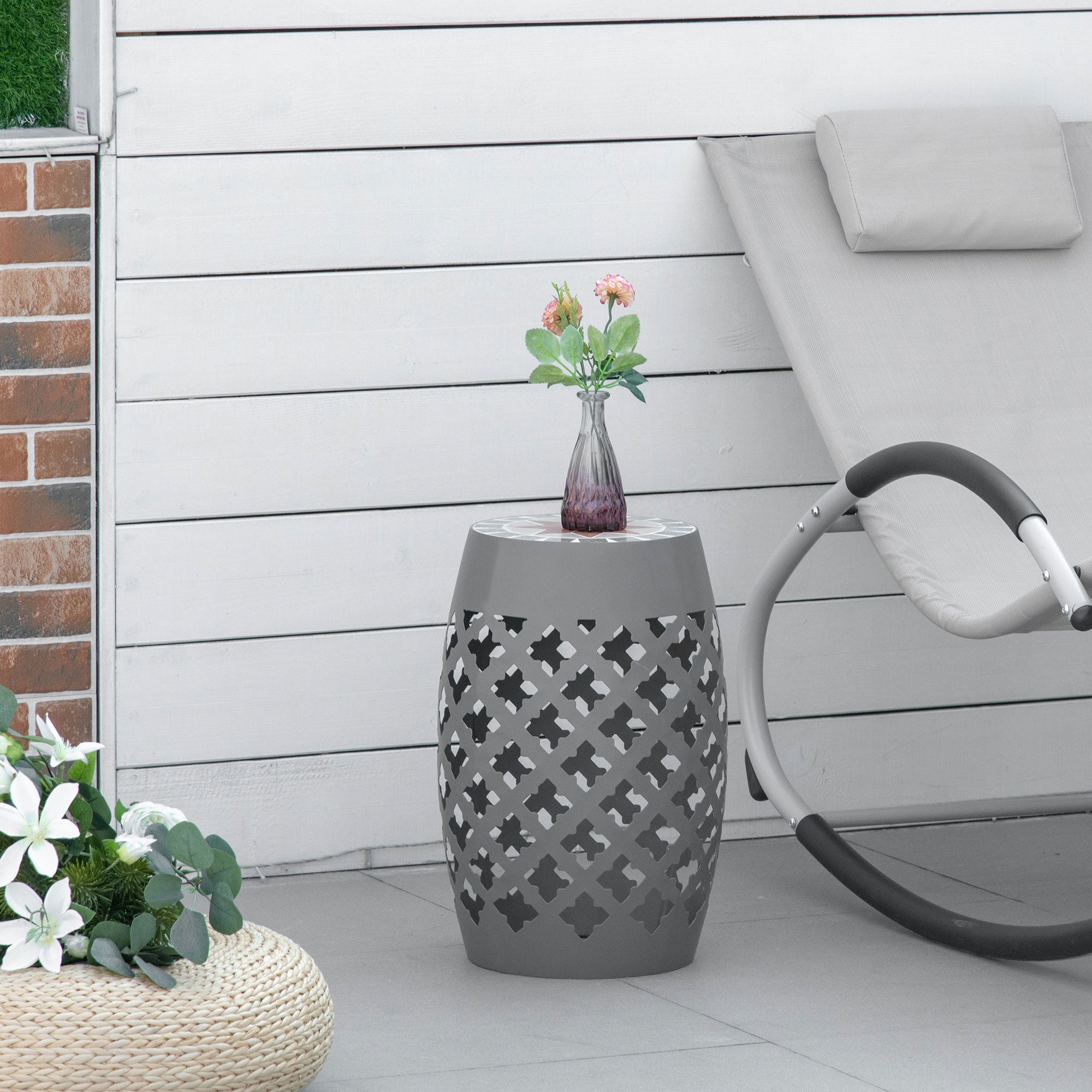 Decorative Outdoor Stool, 12" Round Patio Side Table, Mosaic Accent Plant Stand for Garden, Balcony, Gray