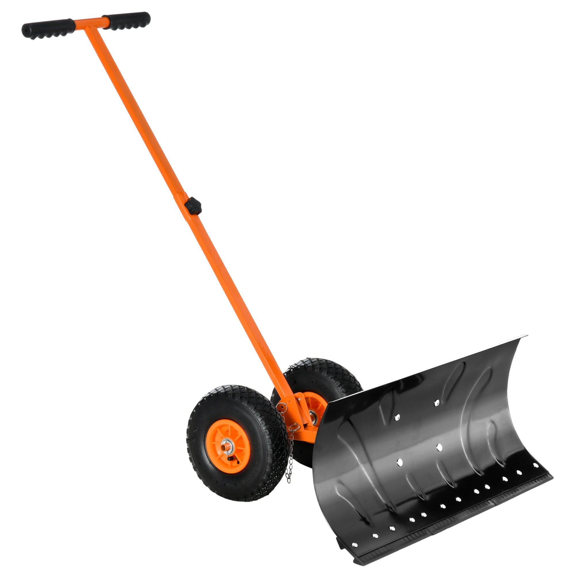 Snow Shovel, Rolling Pusher with 29" Blade, 10" Wheels & Angle-Adjustable Handle, Orange