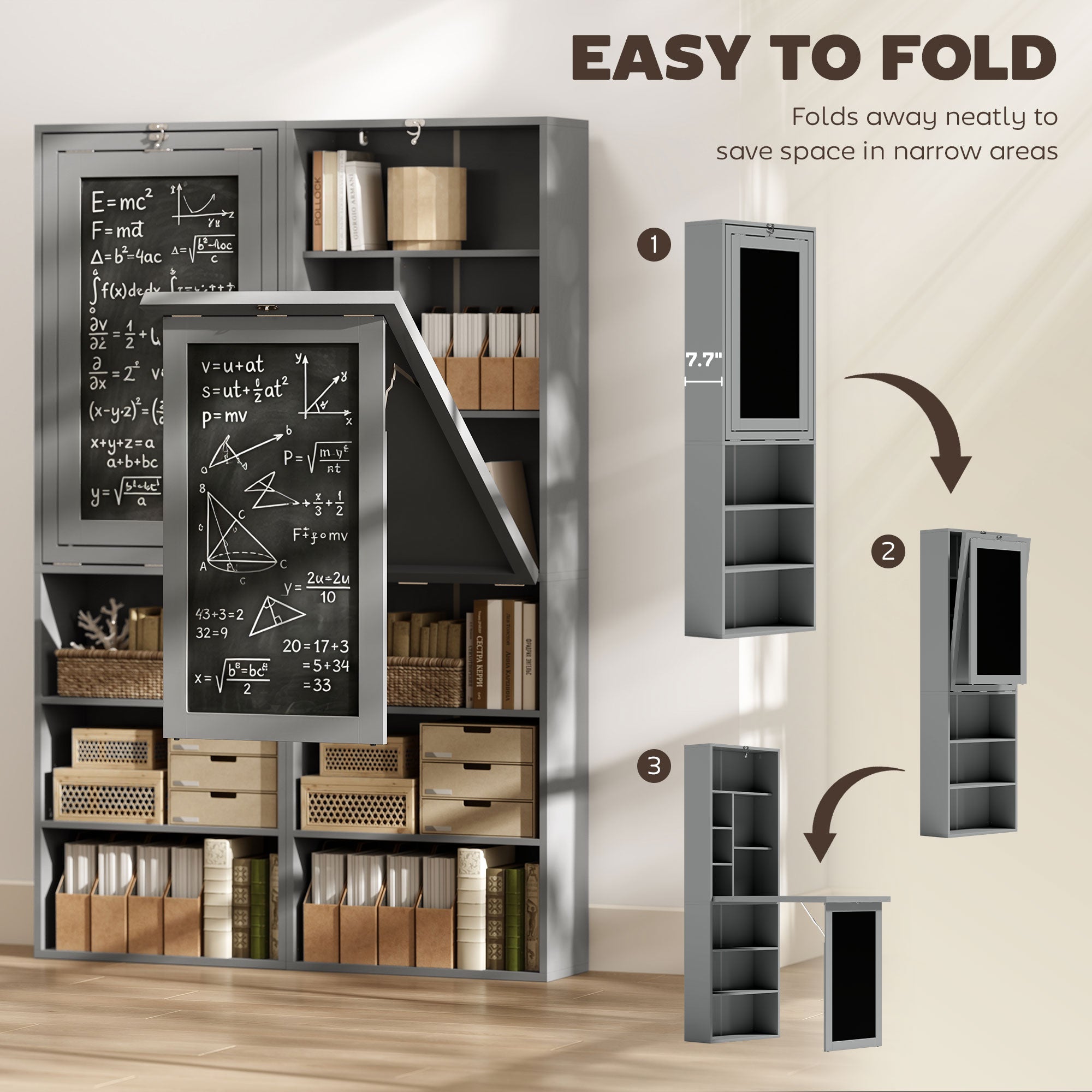 Fold-out Convertible Office Desk, Wall Mount Computer Desk with Blackboard and Side Shelf, Charcoal Gray