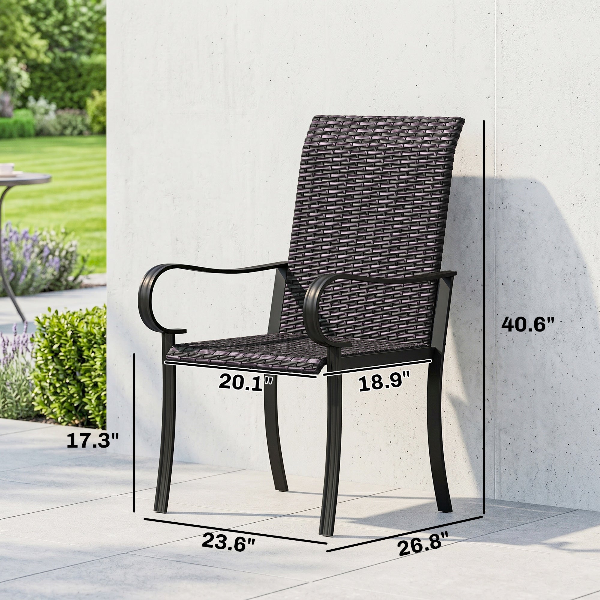 Set of 2 Outdoor Wicker Dining Chairs with Armrest, Steel Frame, High Back and Deep Seating, Brown