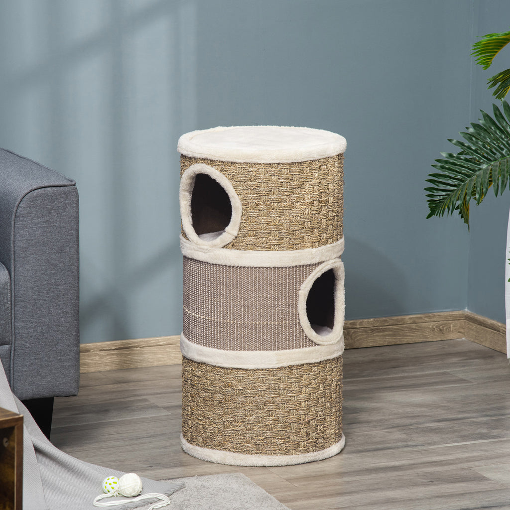 28 Inch Cat Condo, 3 Story Cat Hideaway with Sisal Scratching Pad