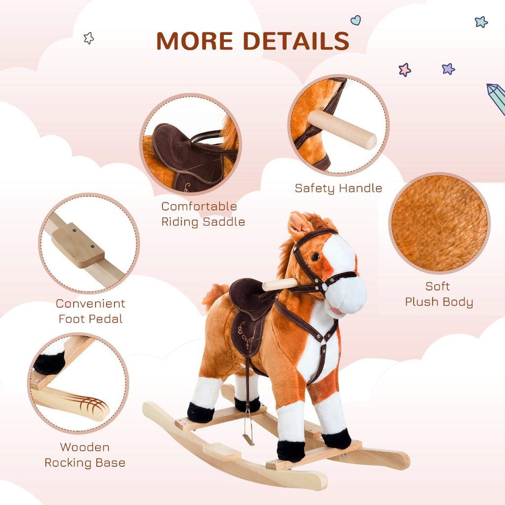 Kids Plush Toy Rocking Horse, Wooden Ride-on Chair, Plush Animal Rocker with Realistic Sounds and Moving Tail for Toddlers, Brown