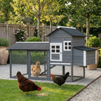 84" Wooden Chicken Coop, Hen House Outdoor with Run Nesting Box, Asphalt Roof, Removable Tray, Ramp, Poultry Cage for 2-3 Chickens, Gray