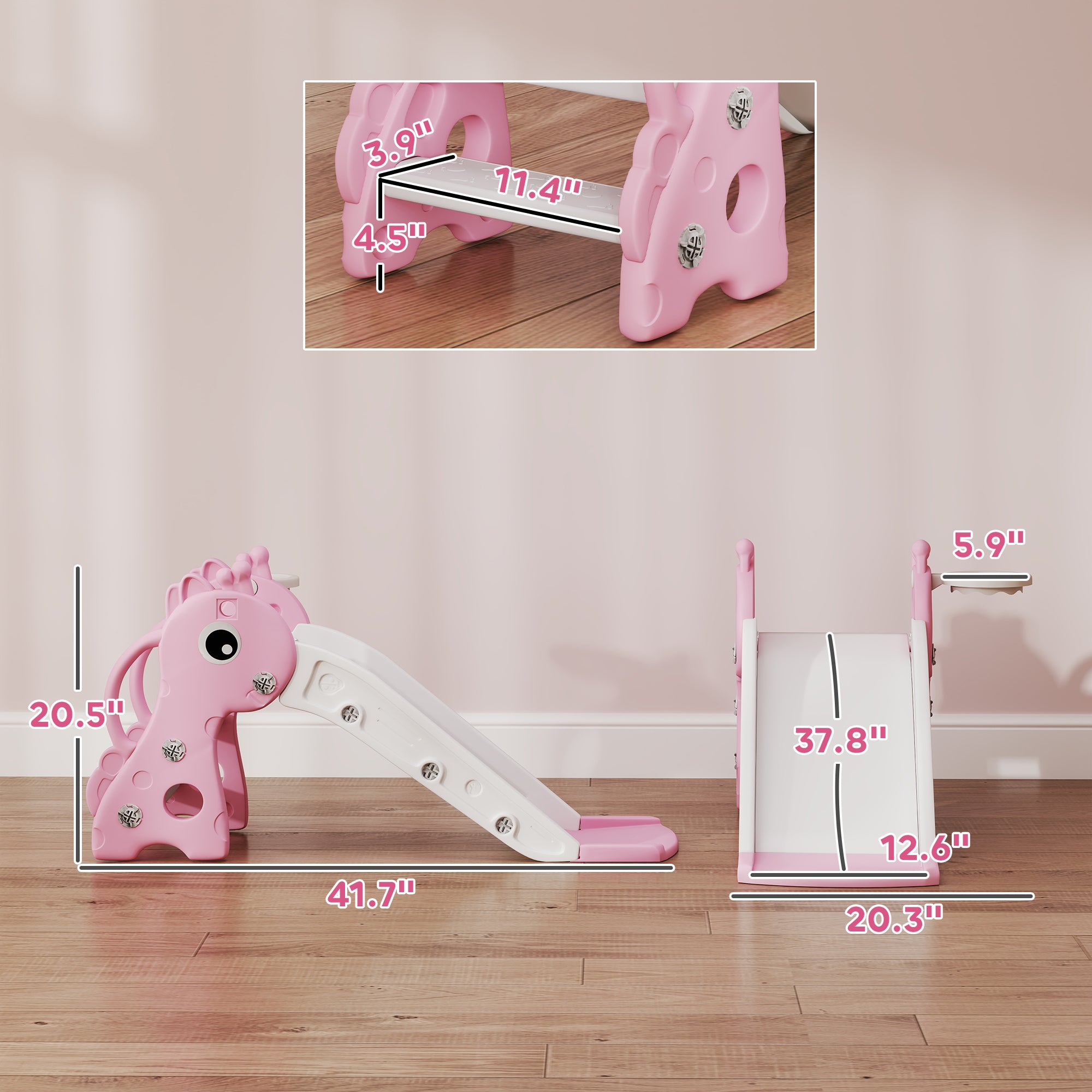 3-in-1 Toddler Slide for Age 1-3, Freestanding Kids Slide with Climber, Basketball Hoop and Ball, Giraffe Design, Pink