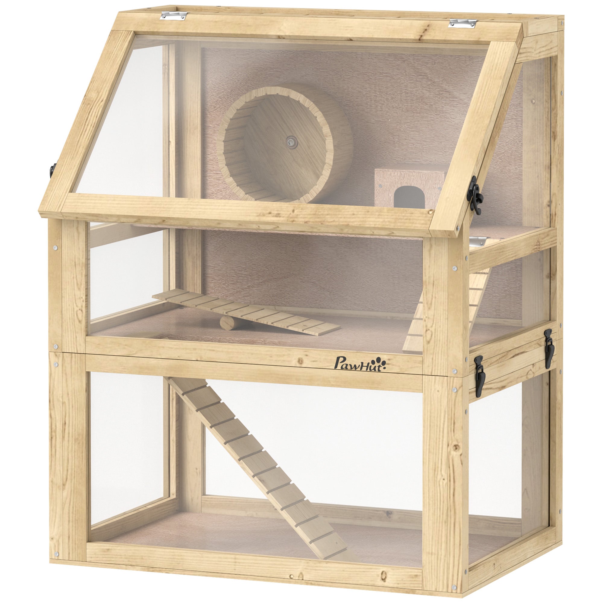 3 Tier Wooden Hamster Cage w/ Detachable Bottom, Hut, Seesaw, Exercise Wheel, Ramps, 24" x 16" x 29.5"