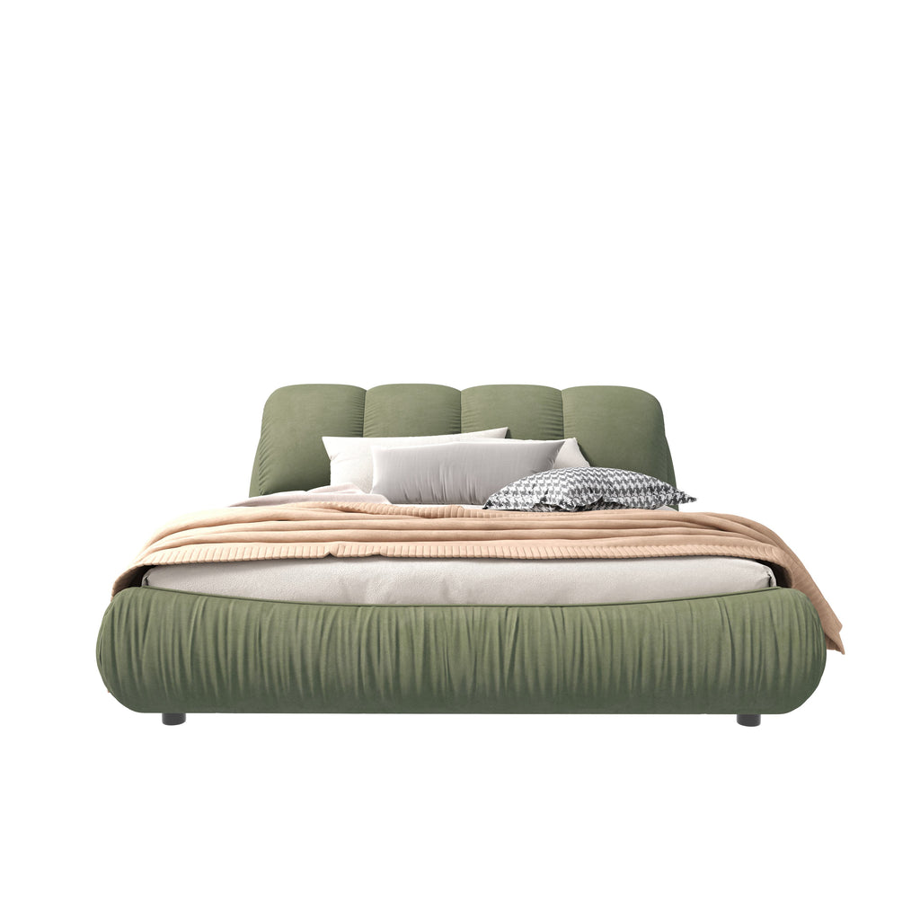 Queen Size Upholstered Bed with Oversized Padded Backrest, Solid Wood Frame, Adjustable Mattress Heights, 96.5" L x 70" W x 43.5" H, Green