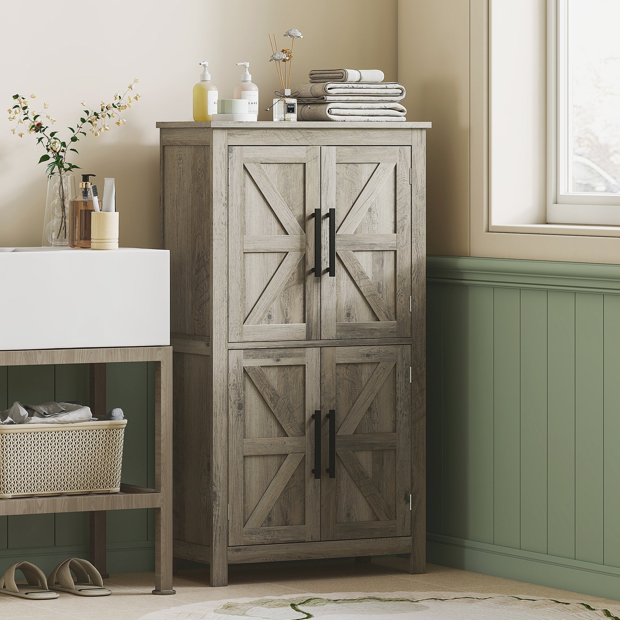 Bathroom Floor Storage Cabinet, Farmhouse Bathroom Cabinet with 4 Doors and Adjustable Shelf, Light Gray