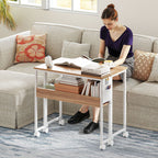 Folding Computer Desk, Foldable Desk with Storage Bag, Shelf and Wheels for Small Spaces, Home Office, Natural Wood