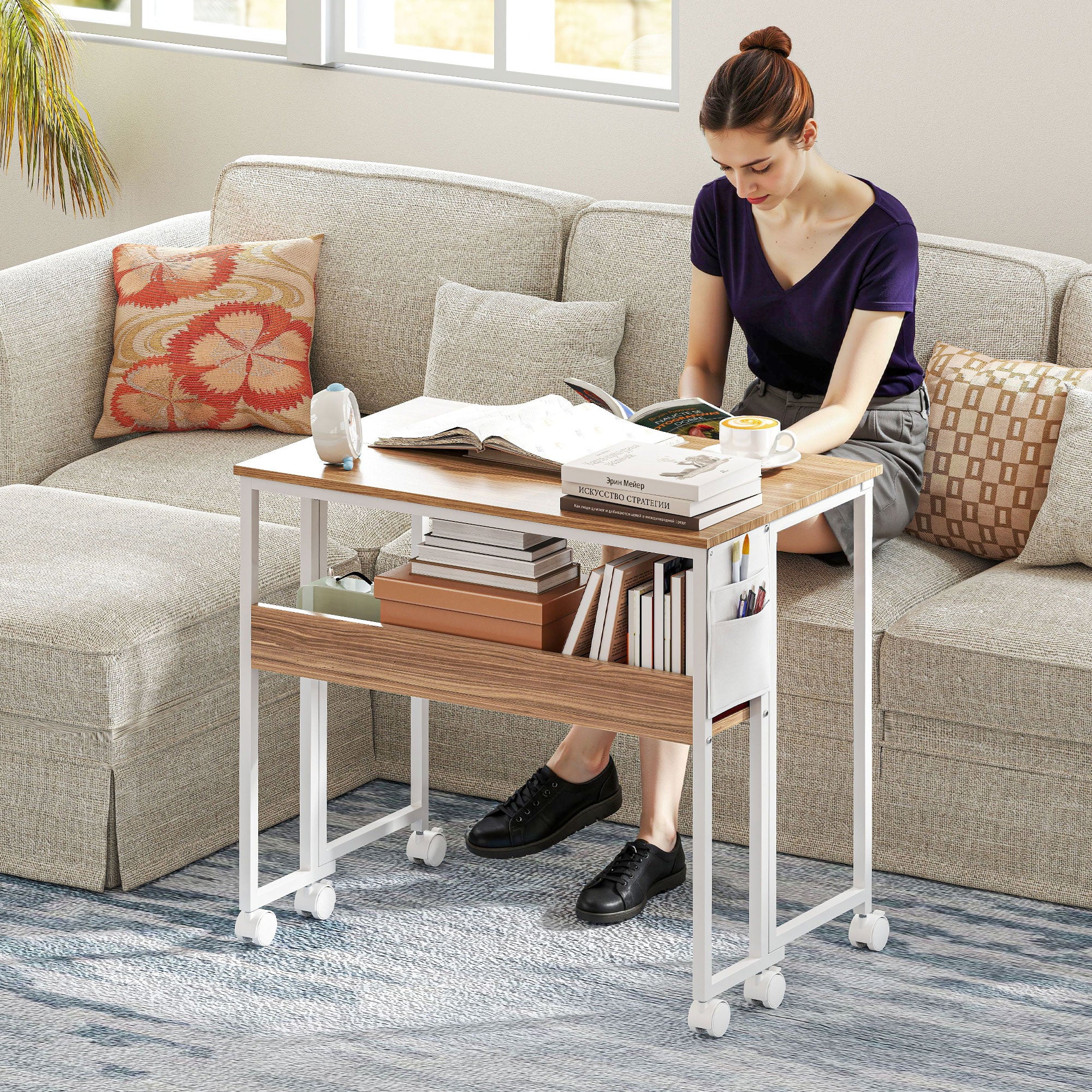 Folding Computer Desk, Foldable Desk with Storage Bag, Shelf and Wheels for Small Spaces, Home Office, Natural Wood