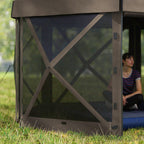 12' x 12' Hexagonal Pop Up Gazebo Canopy Tent with 5 Sidewalls, Outdoor Canopy Shelter with Carry Bag, Brown