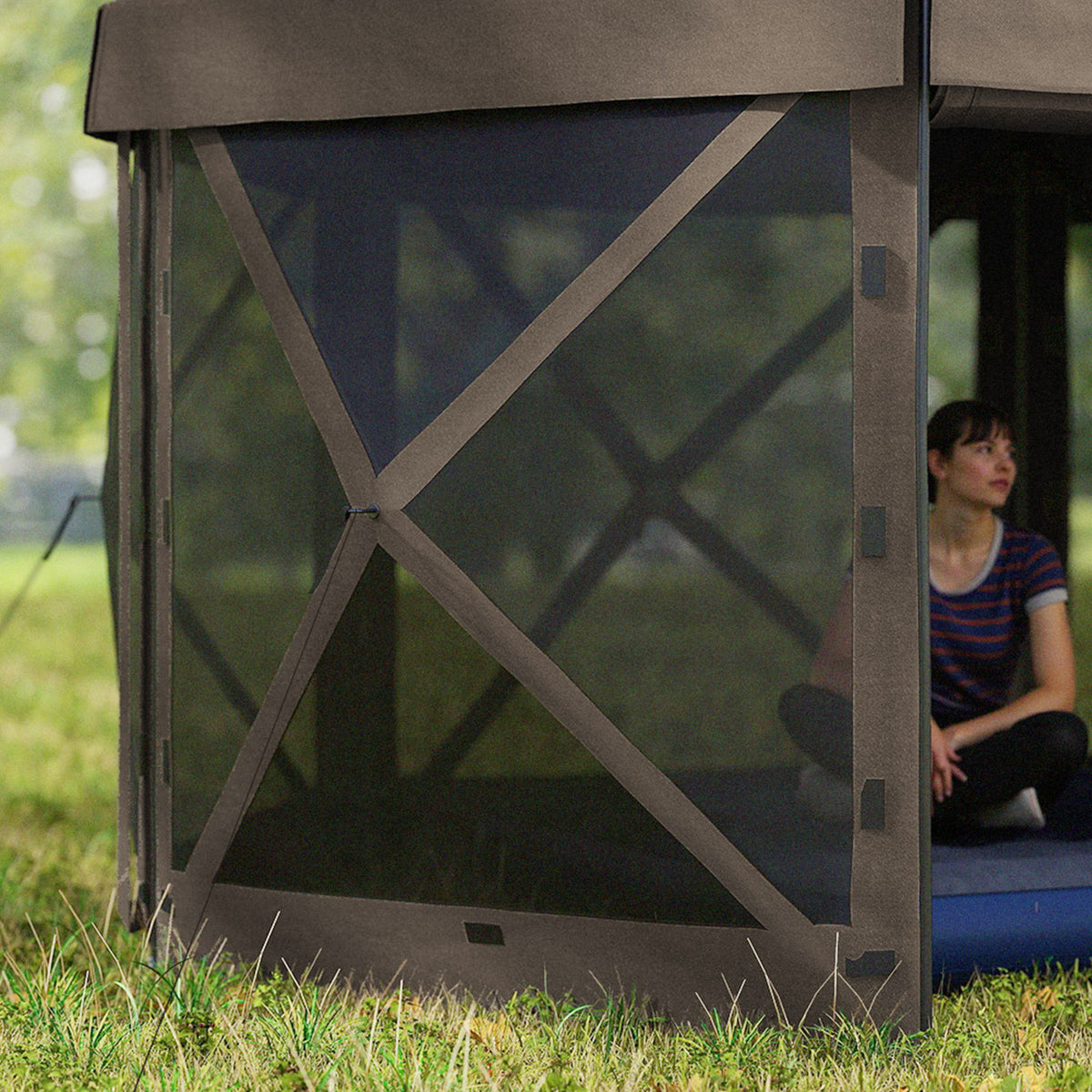 12' x 12' Hexagonal Pop Up Gazebo Canopy Tent with 5 Sidewalls, Outdoor Canopy Shelter with Carry Bag, Brown