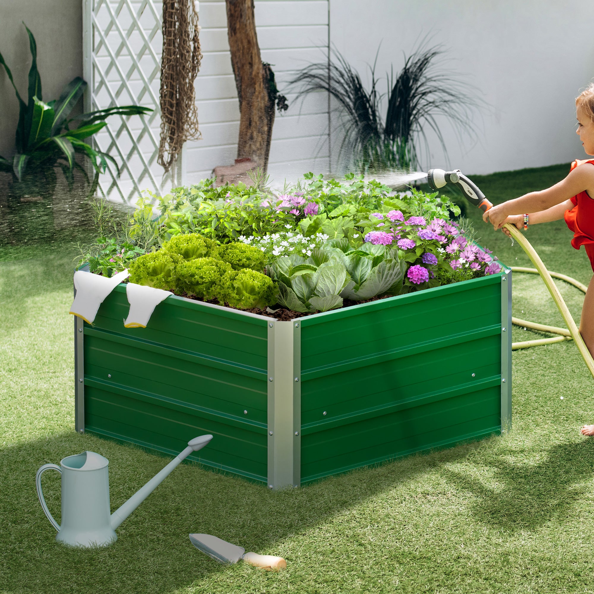 40'' Hexagon Raised Garden Bed, Outdoor Metal Planter Box with Gloves, for Backyard, Patio to Grow Vegetables, Herbs, and Flowers, Green