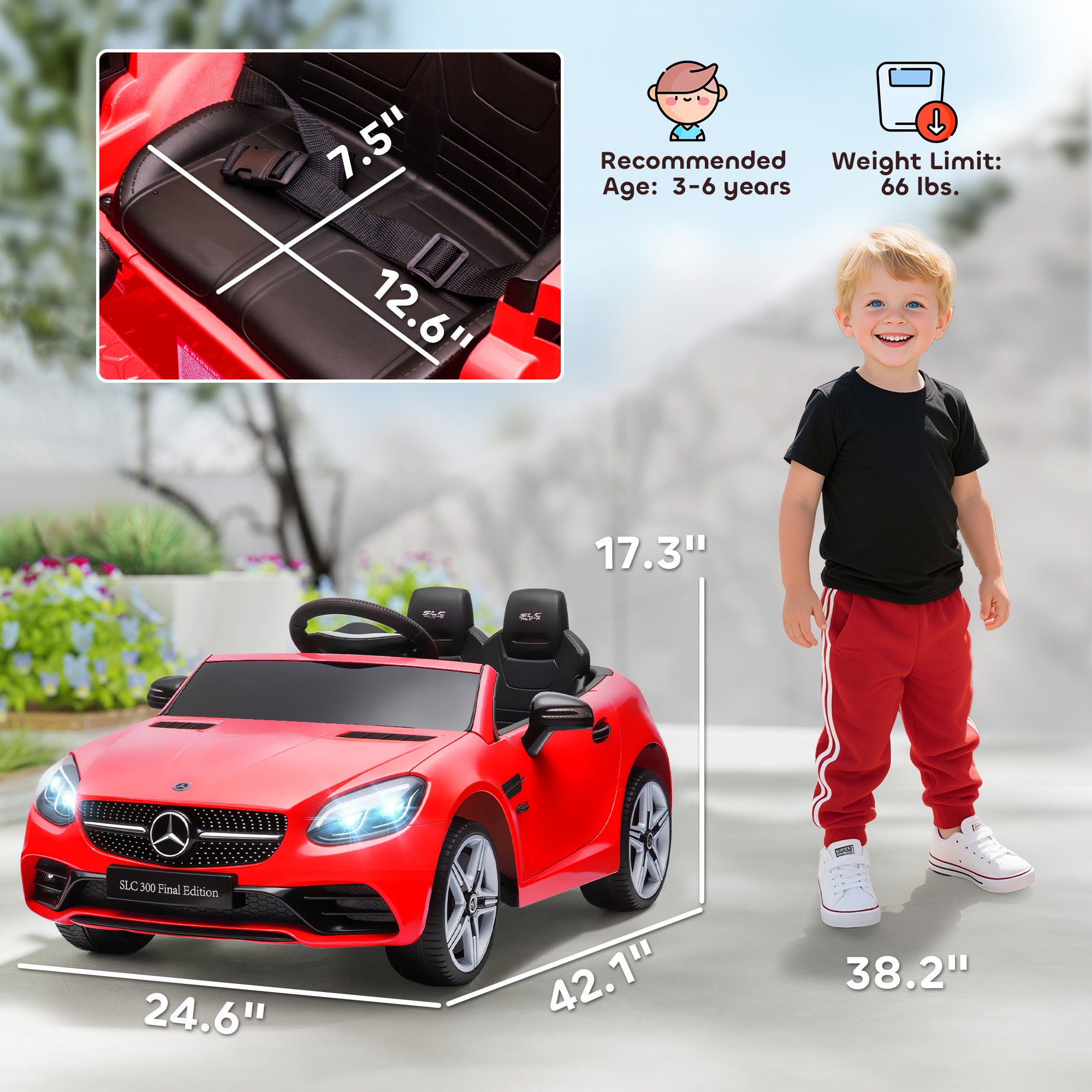 SLC 300 Licensed Kids Electric Car with Remote Control, 12V Battery Powered Kids Ride on Car with Music, Lights, Suspension for 3-6 Years Old, Red