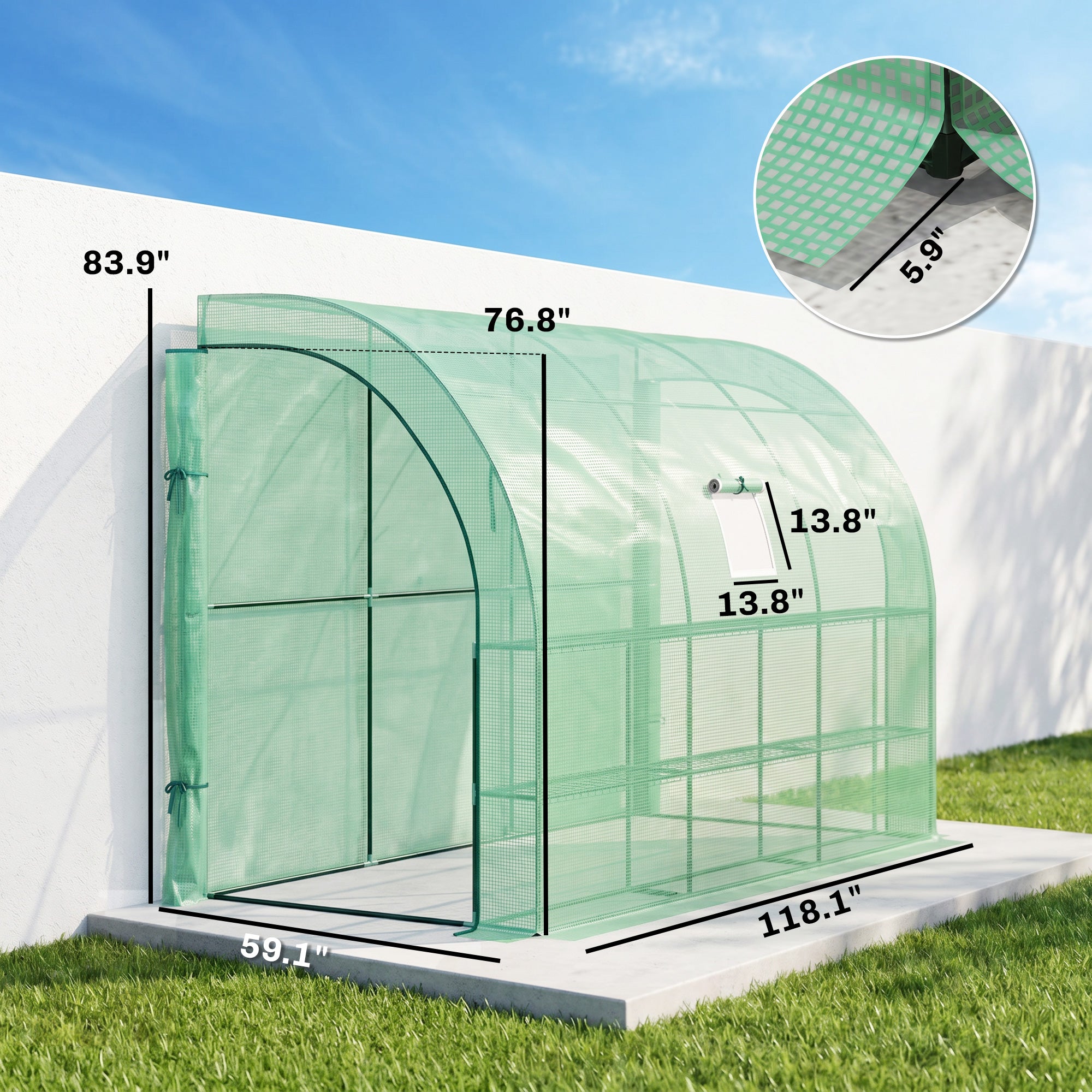 10' x 5' x 7' Lean to Greenhouse, Walk-In Green House, Plant Nursery with 2 Roll-up Doors and Windows, PE Cover and 3 Wire Shelves, Green